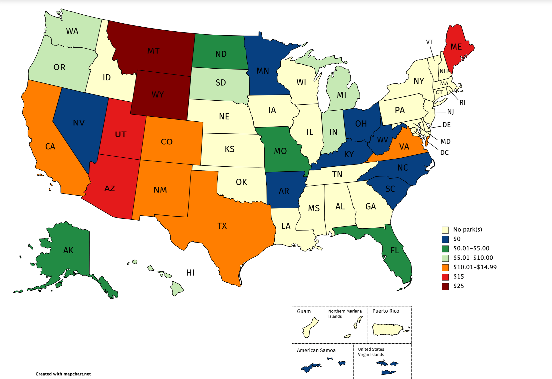 Map of Average National Park Entrance Fees per State r/NationalPark