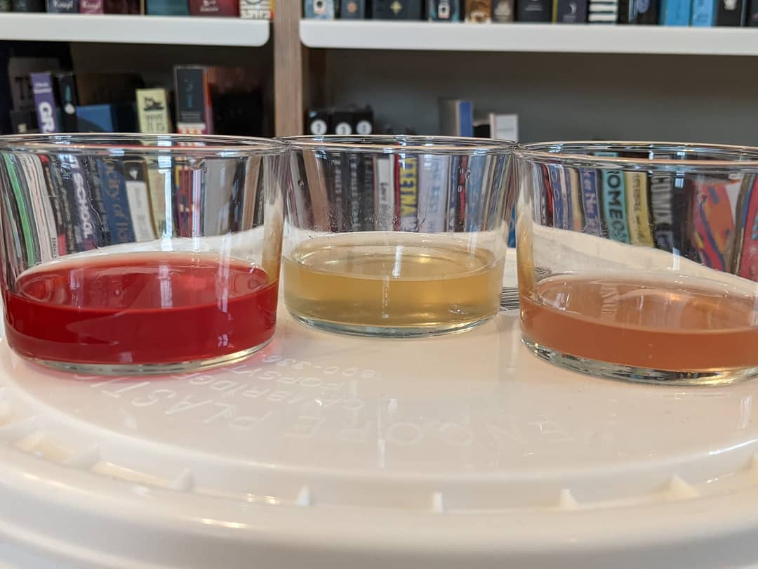 Cranberry natural wine, herbal mead with champagne yeast, and concord
