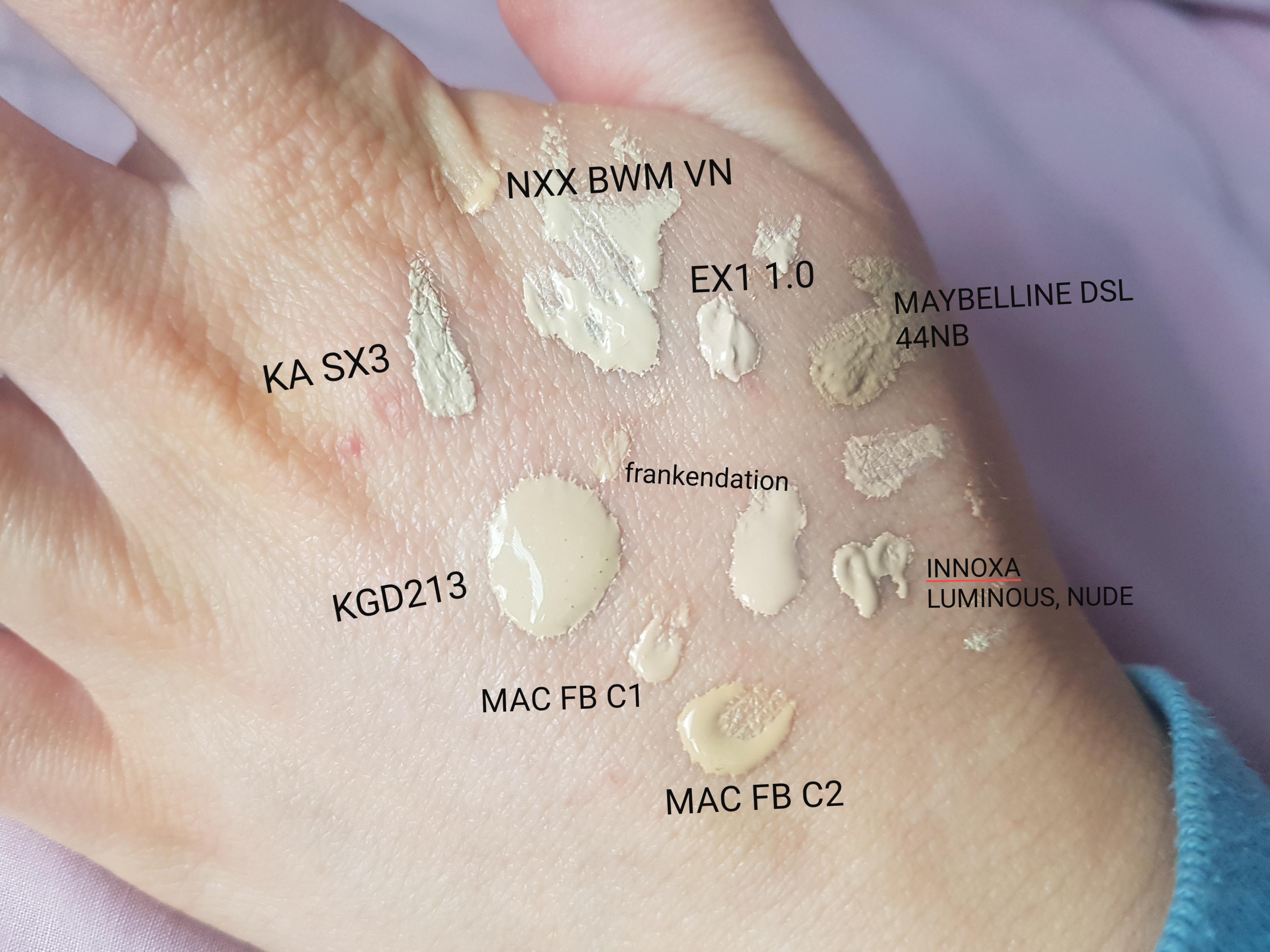 Swatches of some popular pale olive + warm neutral foundations for