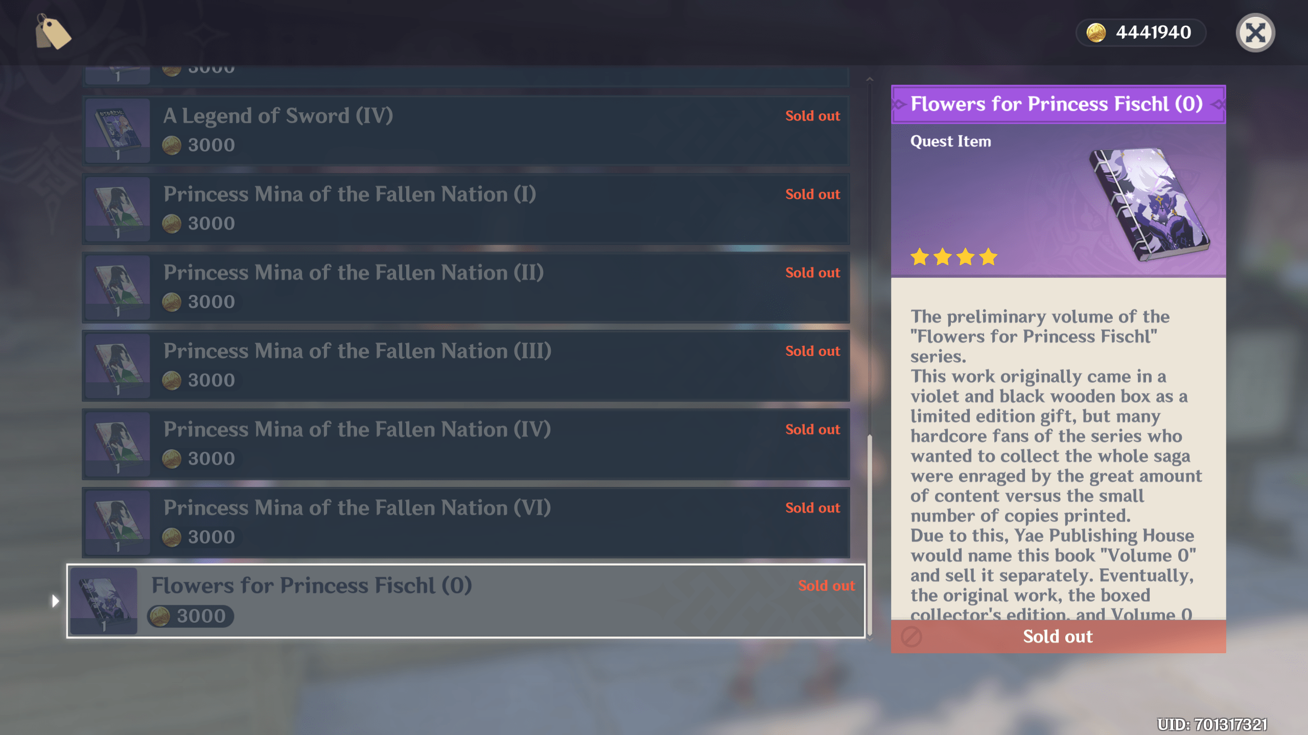 You can buy Flower for princess Fischl from Yae Publishing house r/Fischl