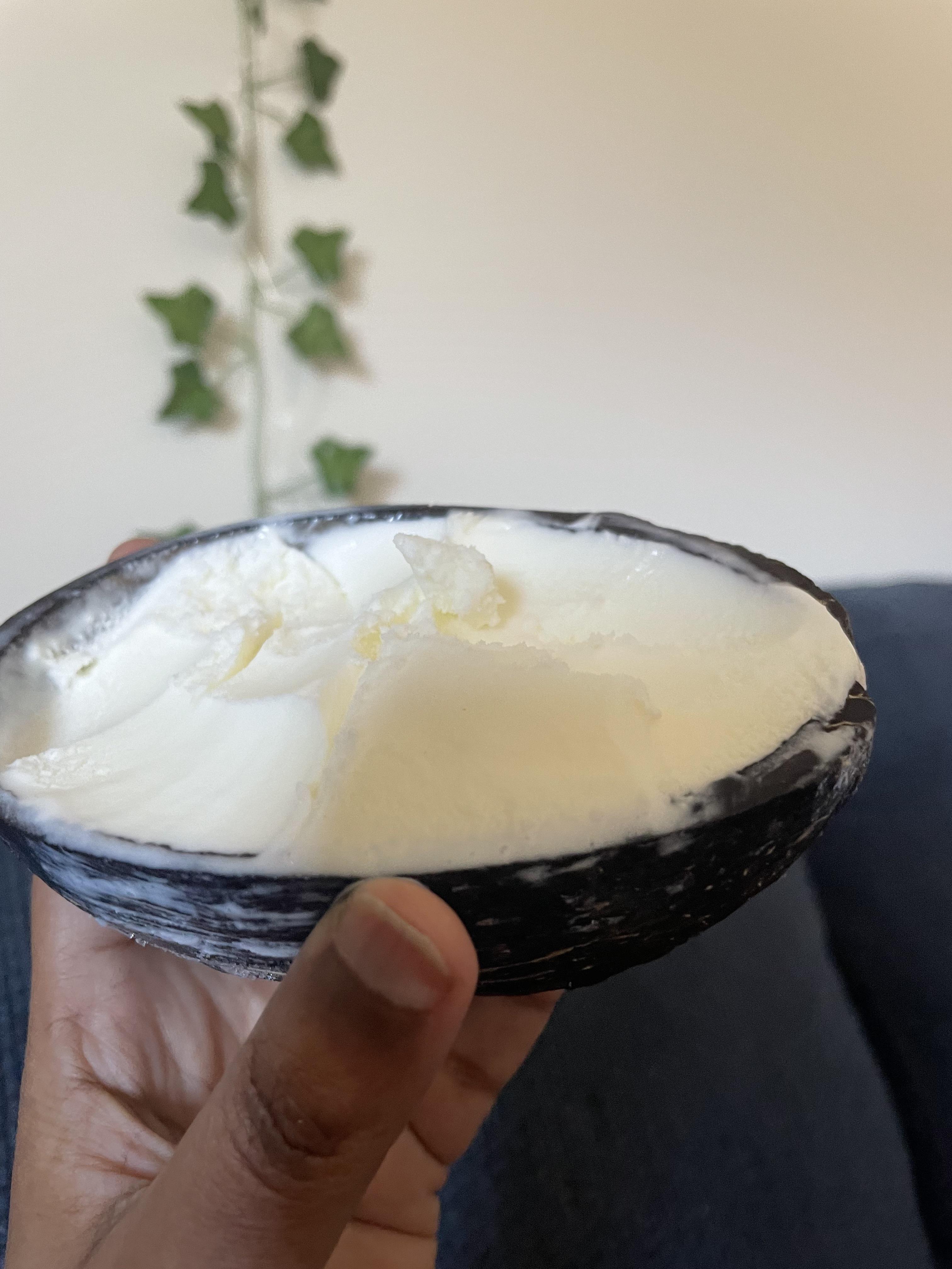 Sorbet in the real coconut shell! These going to be our regular dessert