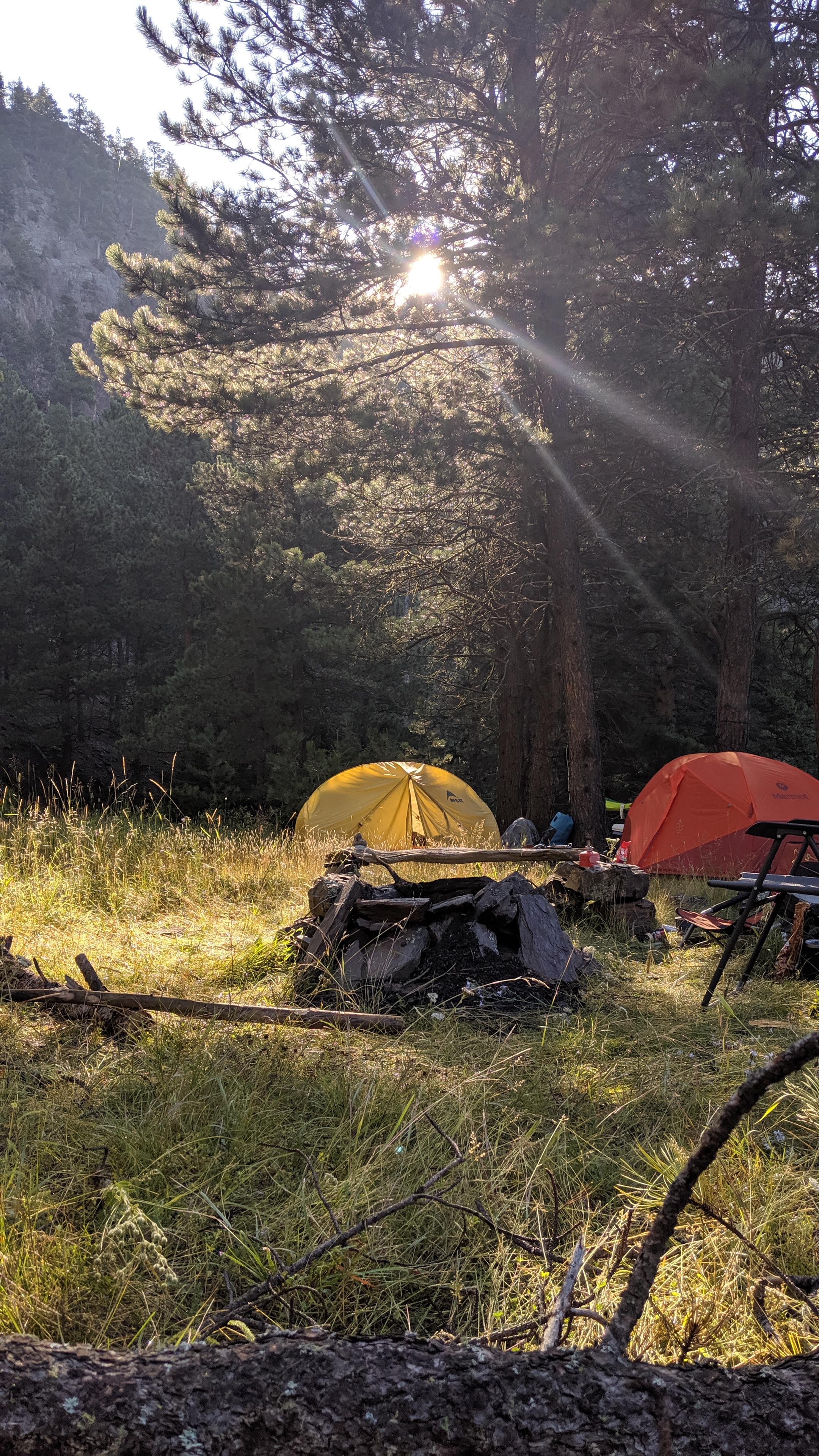 Camping in the Black Hills of South Dakota. Sun hit my tent and made it