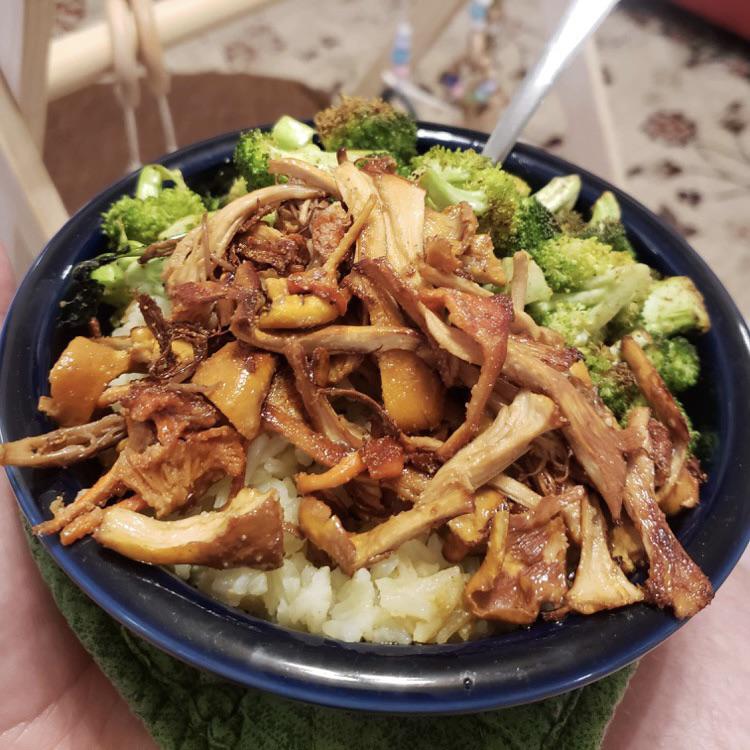 Garlic sautéed chanterelle mushrooms, air fried chili broccoli, coconut ginger rice and
