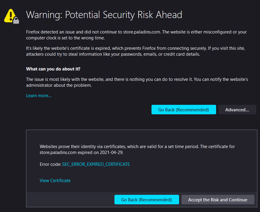 Warning Potential Security Risk Ahead Store Certificate Needs Update