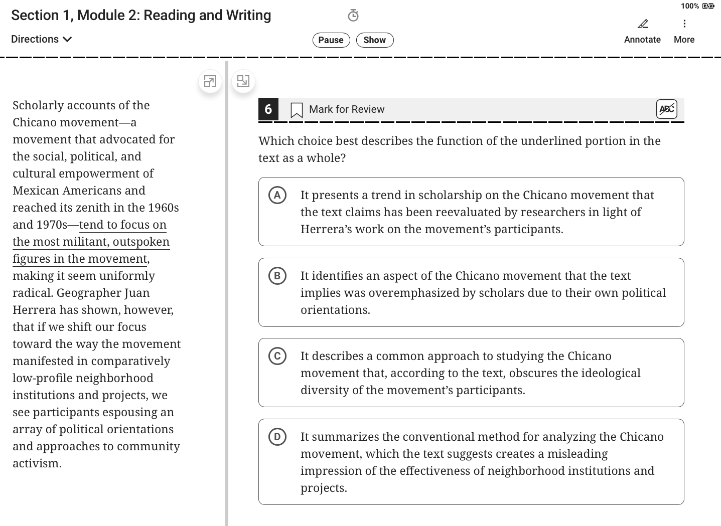 Bluebook Test 6: Reading/Writing Module 2 Hard, Question #6 : u