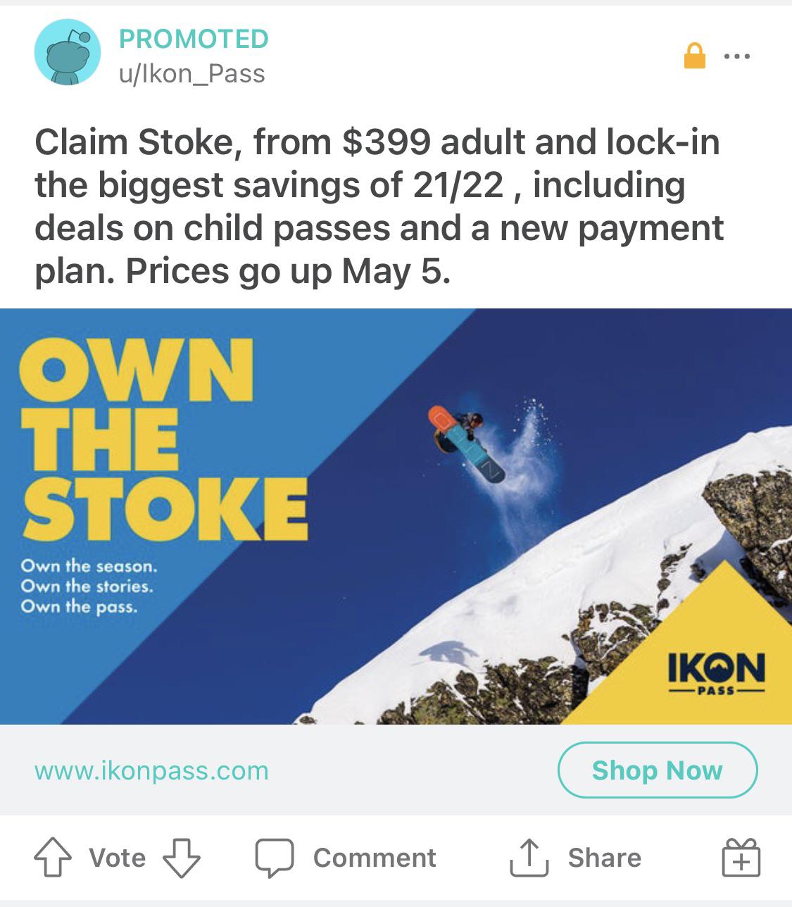 Ikon Pass is advertising in my feed price increases on May 5. Time to