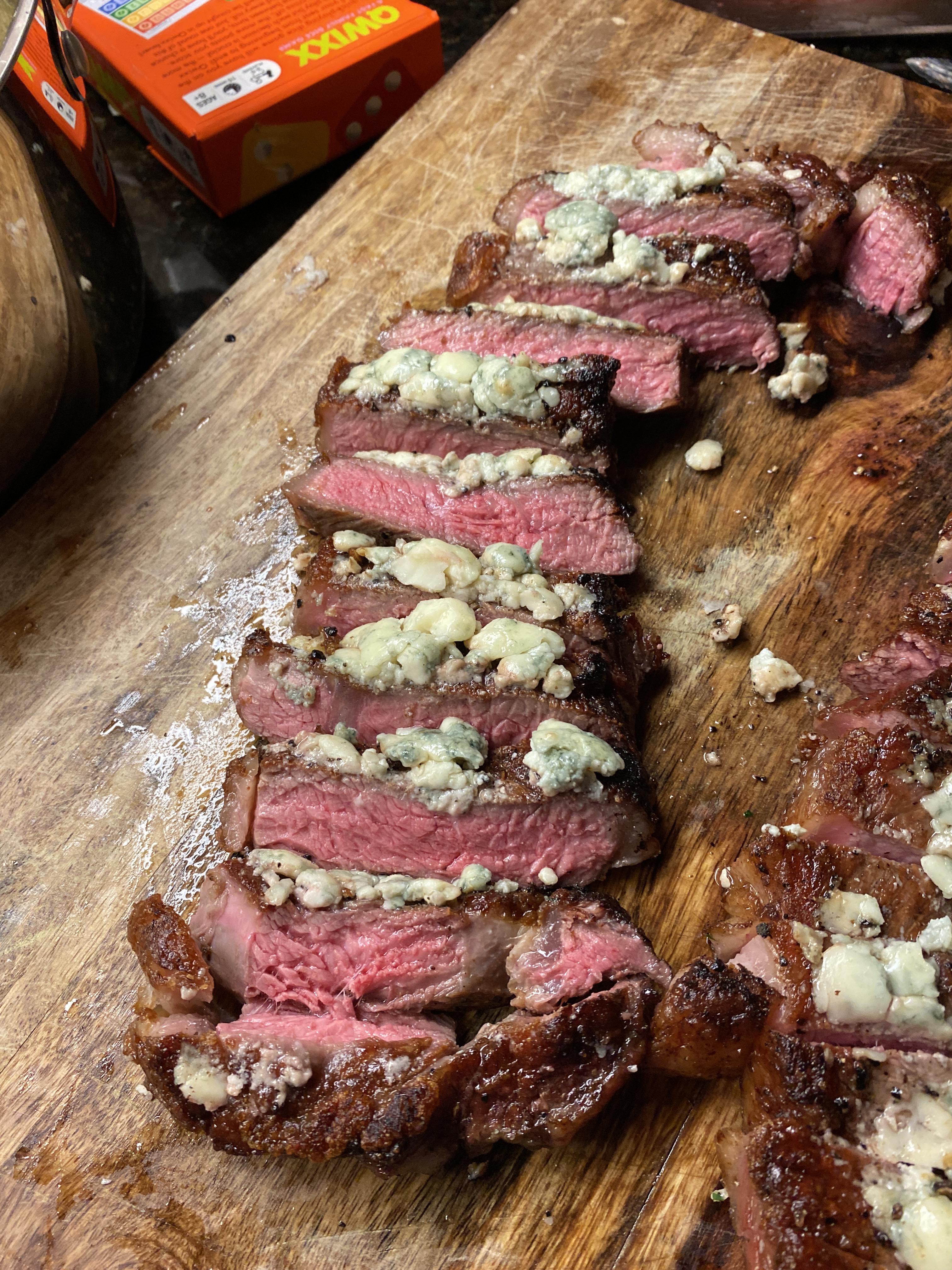 Money shot from last night’s Valentine’s Day steaks. Reverse seared and topped with broiled blue
