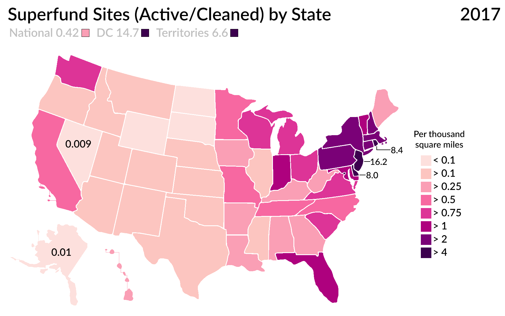 [OC] Active and cleaned Superfund sites per thousand square miles as of
