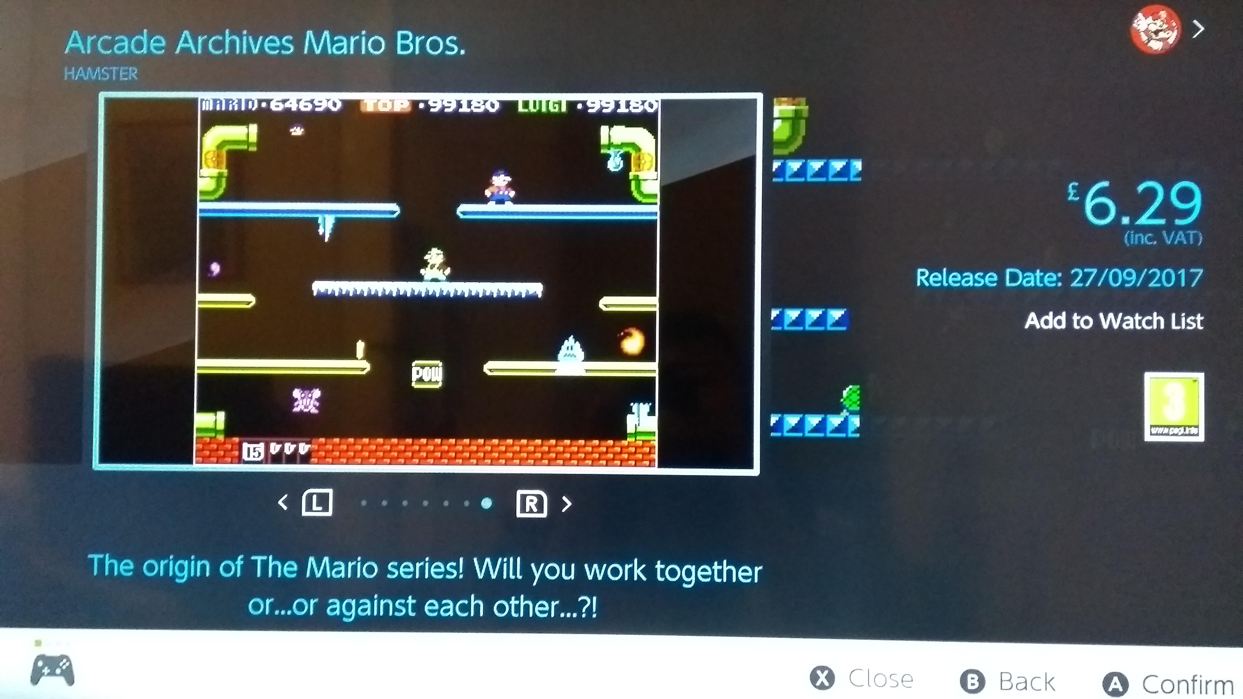 Arcade Archives Mario Bros is listed as £6.29 in coming soon on the UK