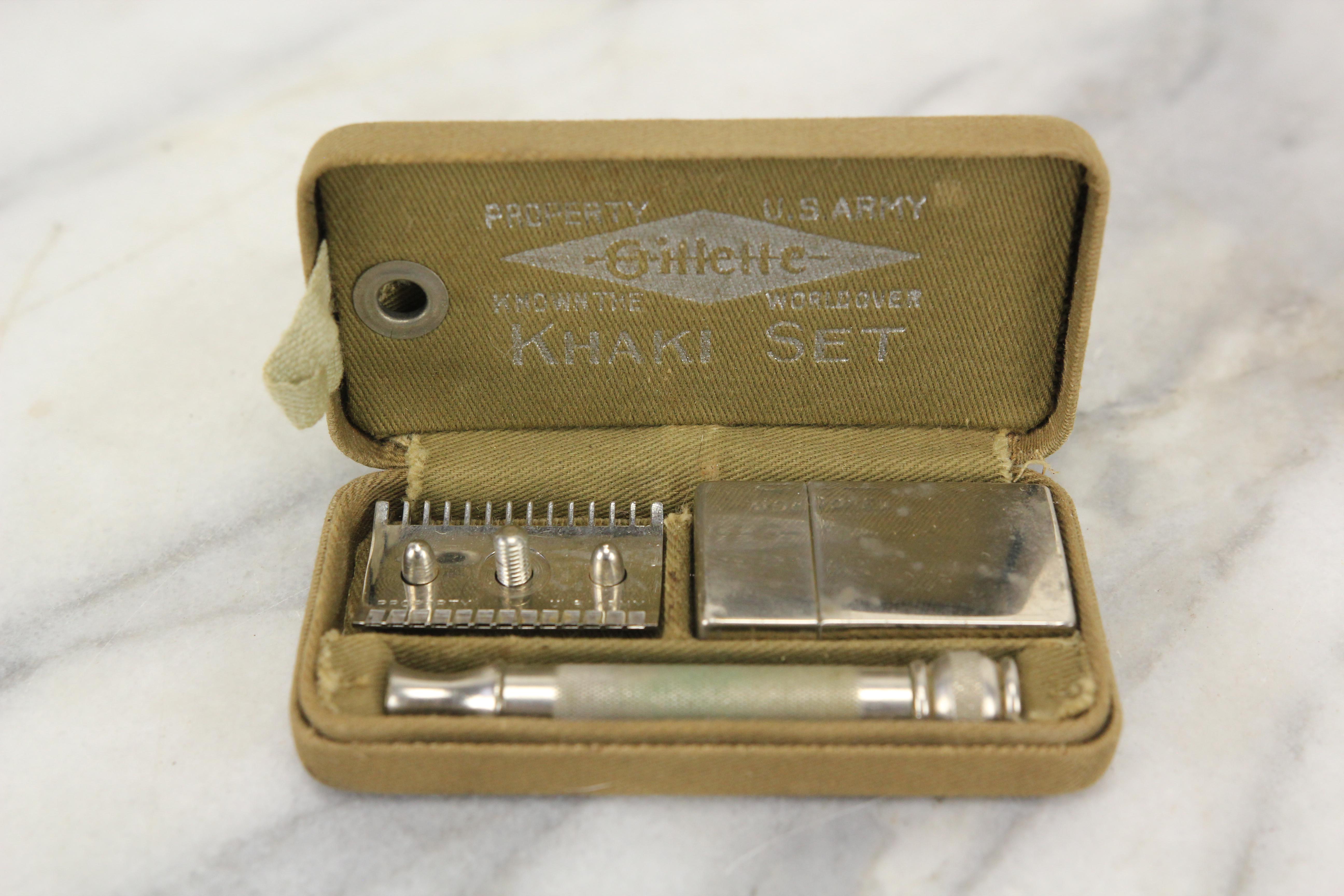 WWI Era US Army Issue Gillette Khaki Set Safety Razor Package r/Antiques