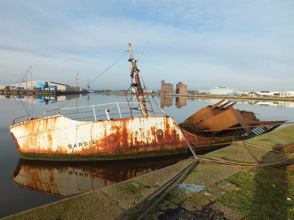 Wreck of the SS Sarsia in Birkenhead Docks. Photo taken by me a few
