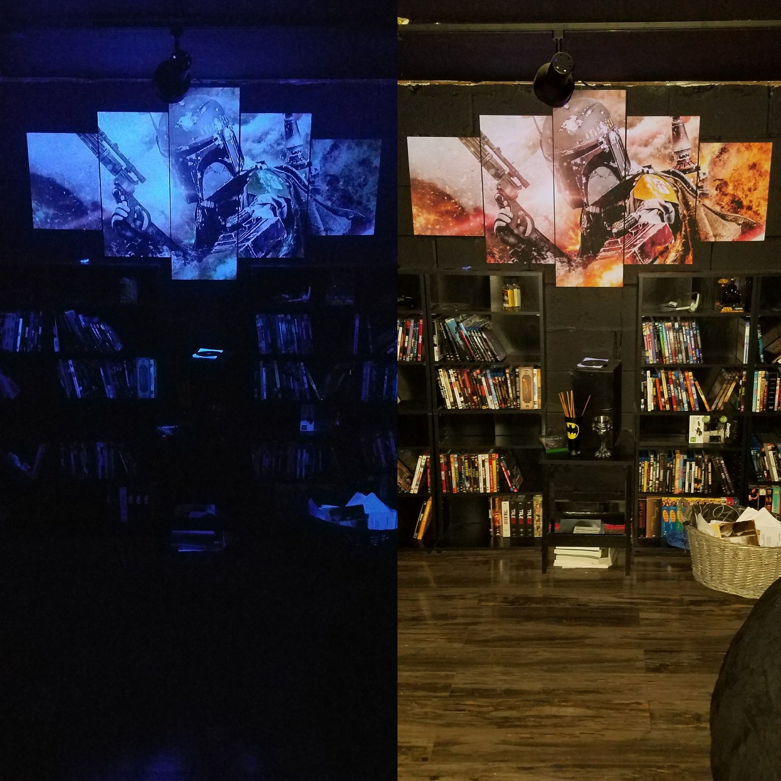 Boba Fett looks great in my movie room. Black lighting vs regular
