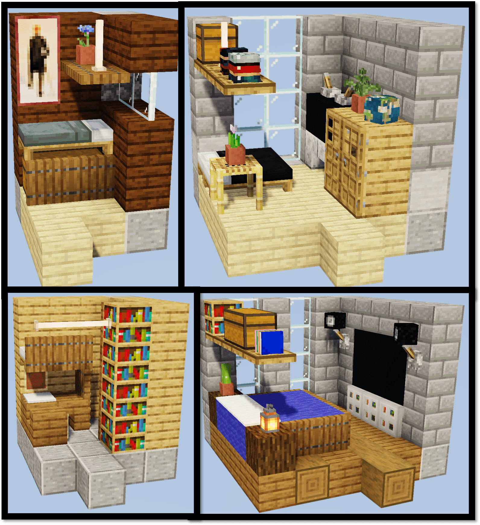 What do you all think of these bedroom designs for different sizes? r/Minecraftbuilds