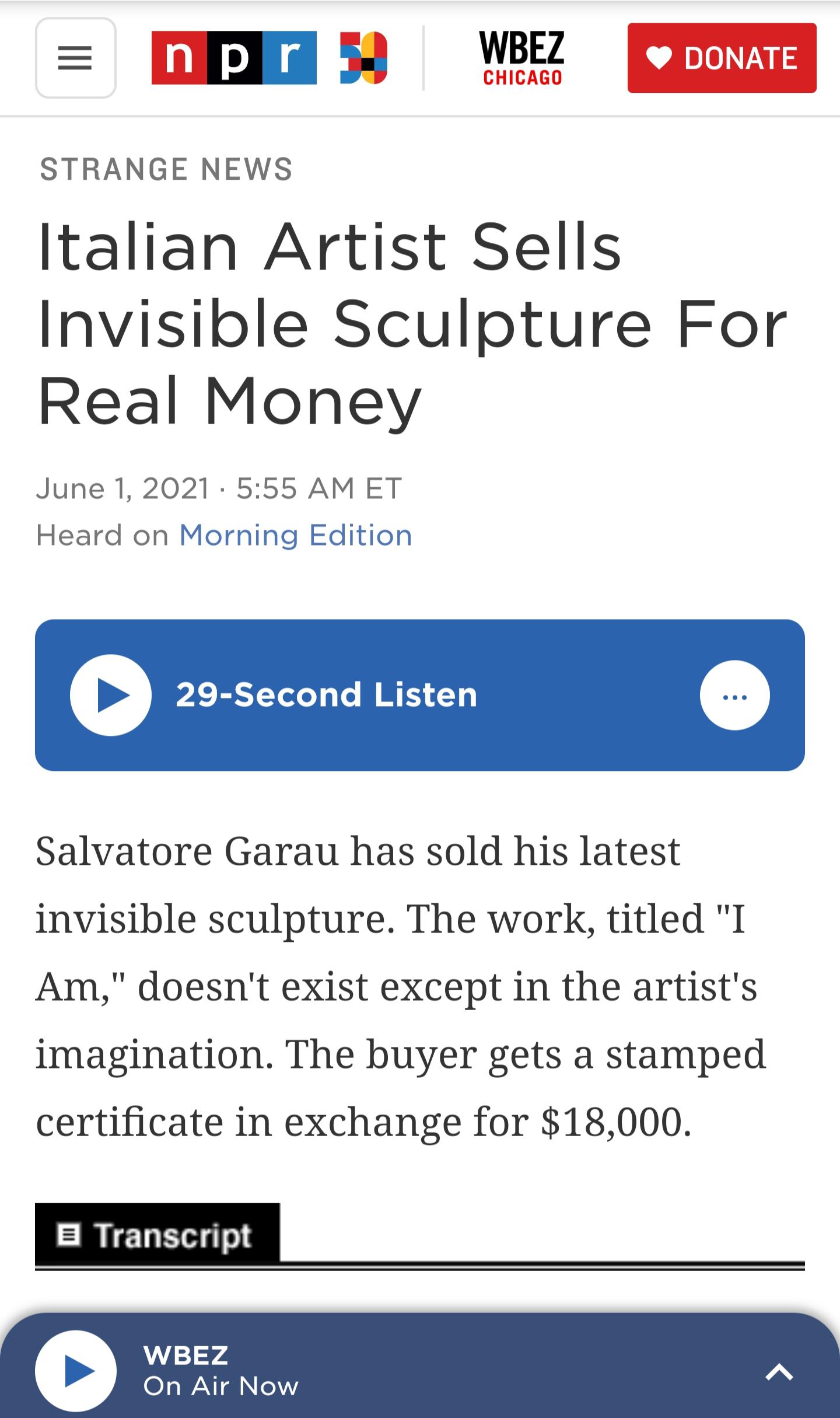 about NFTs "Italian Artist Sells Invisible Sculpture For Real