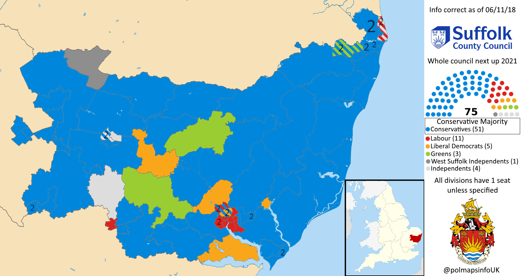 Suffolk County Council, East of England. 06/11/2018 r/PoliticalMaps
