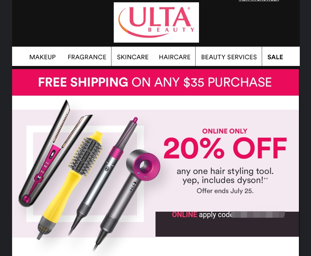ULTA 20 off one hair styling tool, including DYSON!! only, personalized code exp. 7/