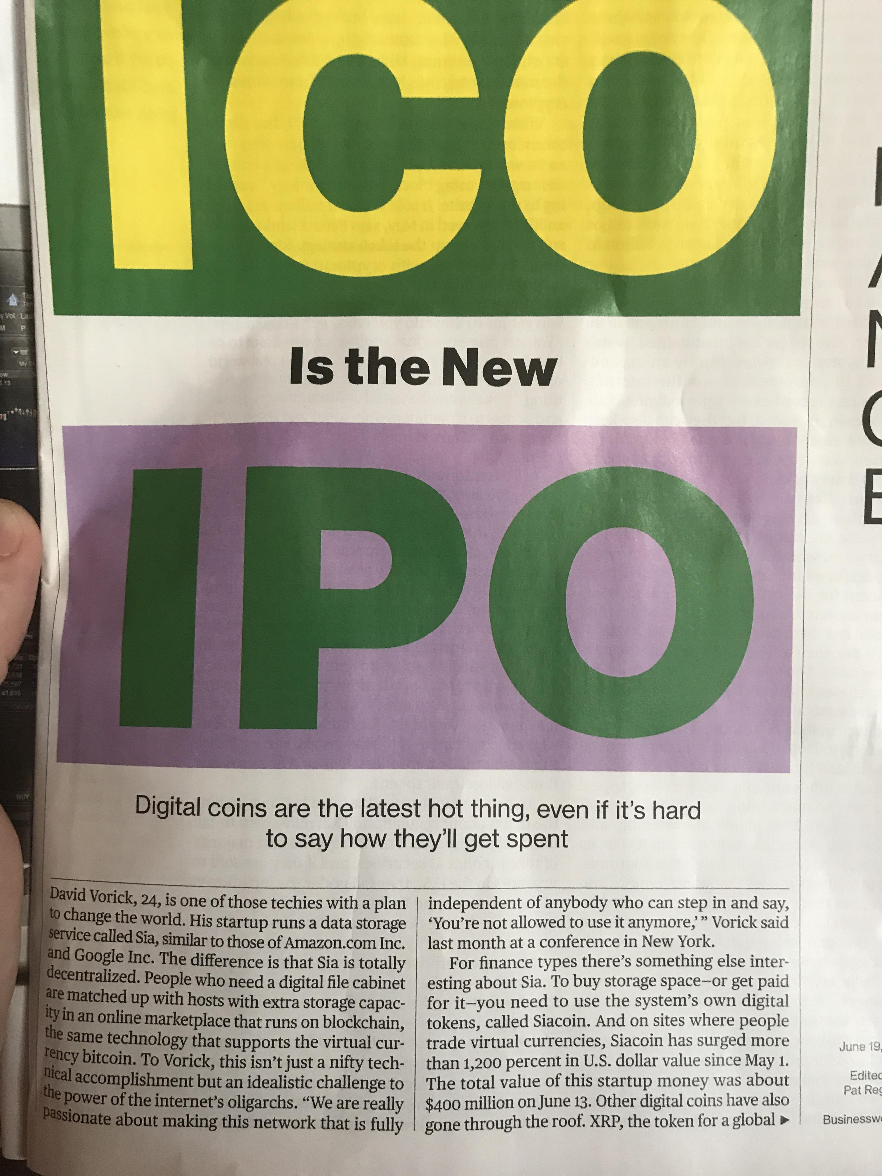IPO is the new ICO. Article in Bloomsbury Business week. Nice to see