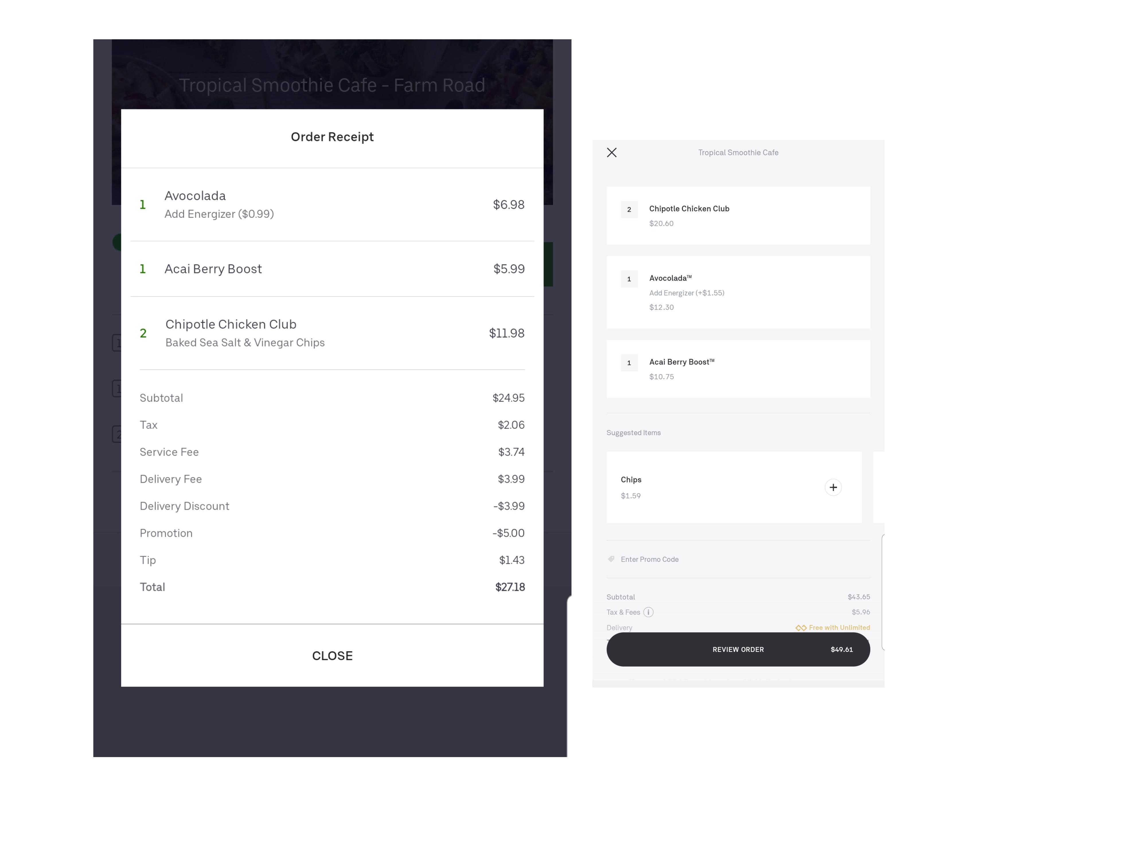 For the same four items from Tropical Smoothie Cafe, I got two very