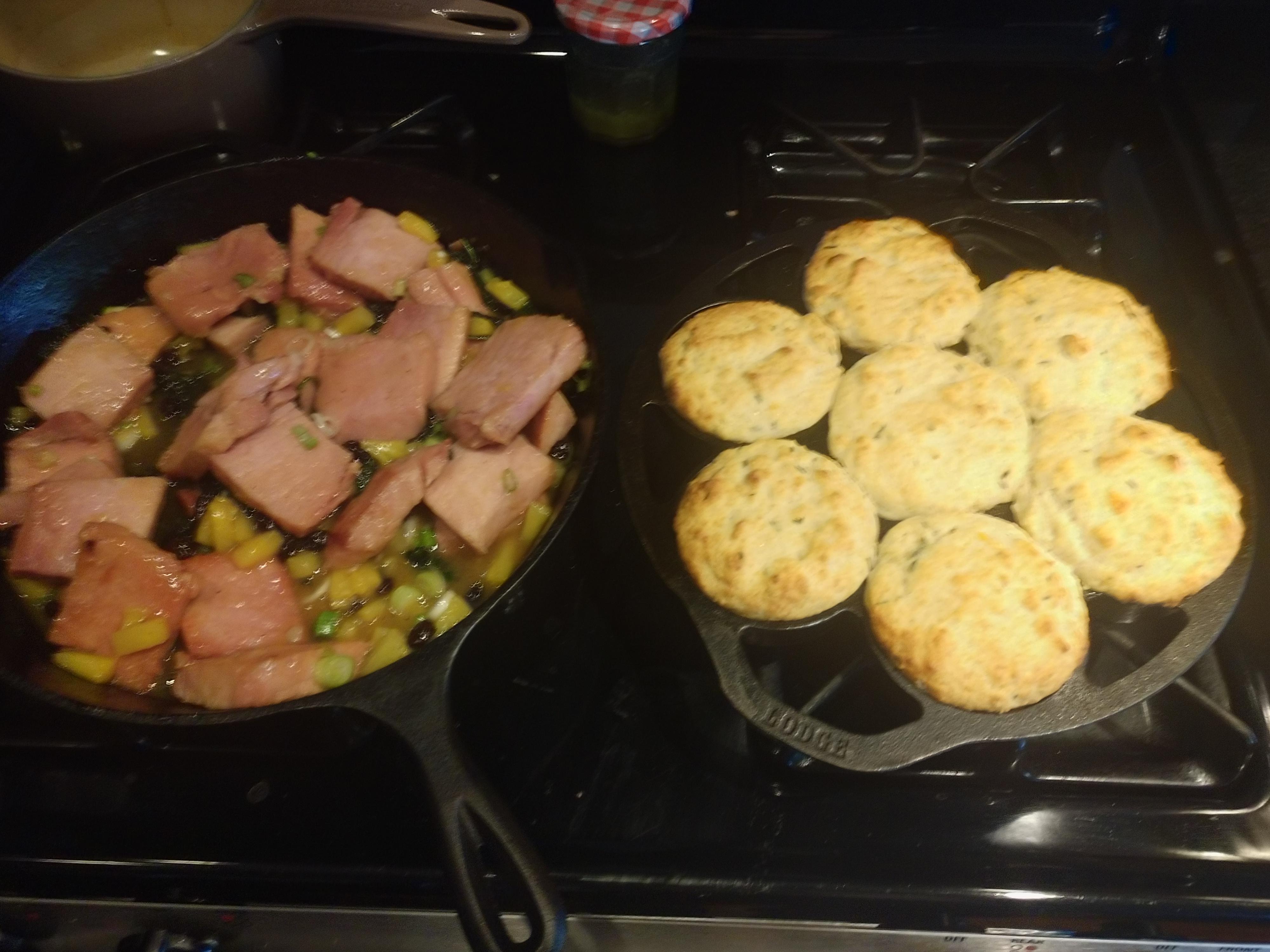 Ham with pineapple sauce and cheesy drop biscuits a la Better Homes r