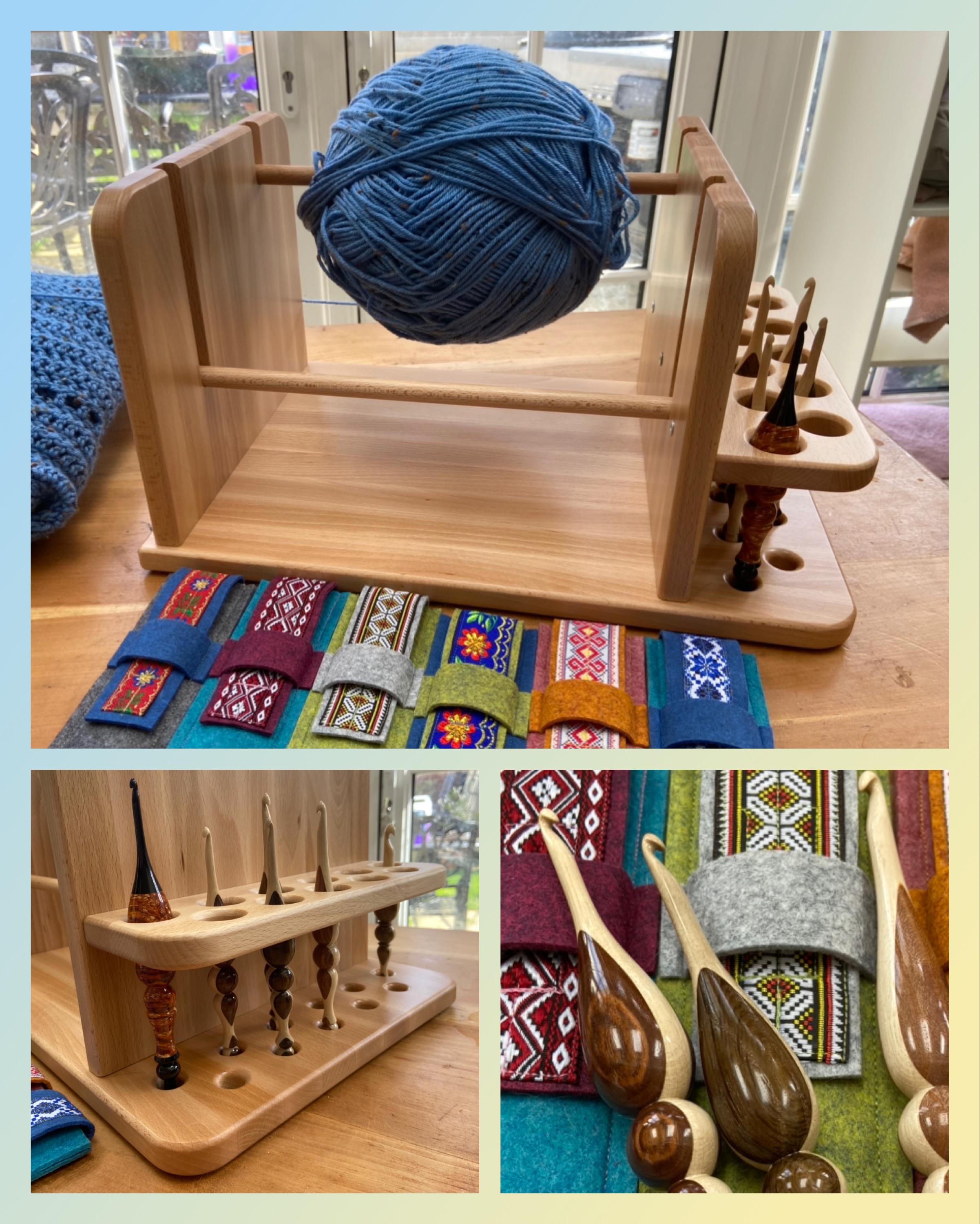 Finally got the yarn holder and some handmade ergonomic crochet hooks I