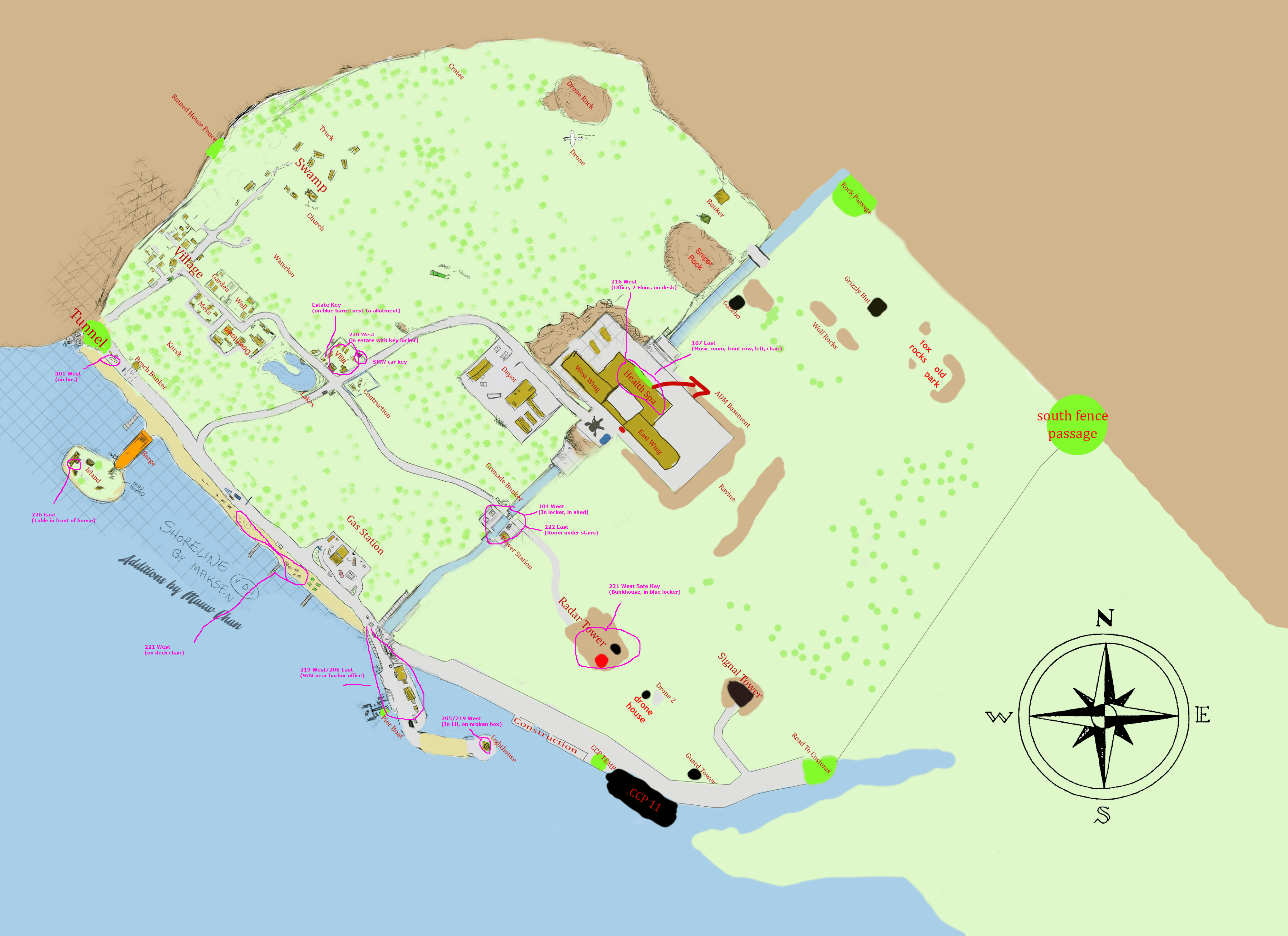 Shoreline map, with annotated key locations. r/EscapefromTarkov