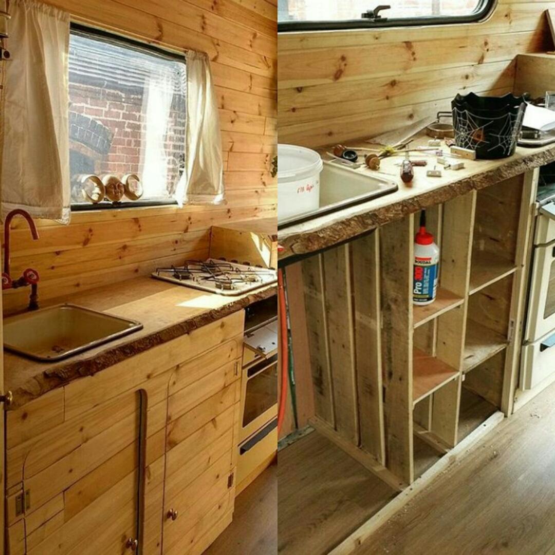Kitchen cupboards and storage made out of recycled pallets. r/vandwellers