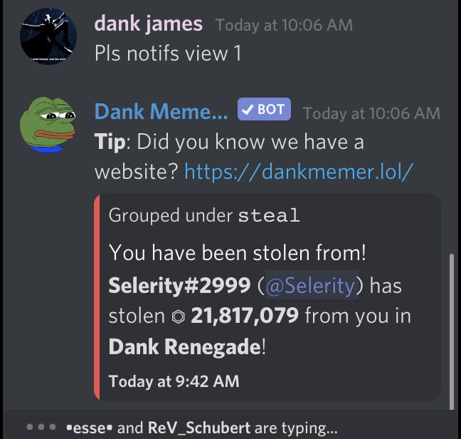 Snd i got robbed my a mod in dank server who enabled it to rob all rich