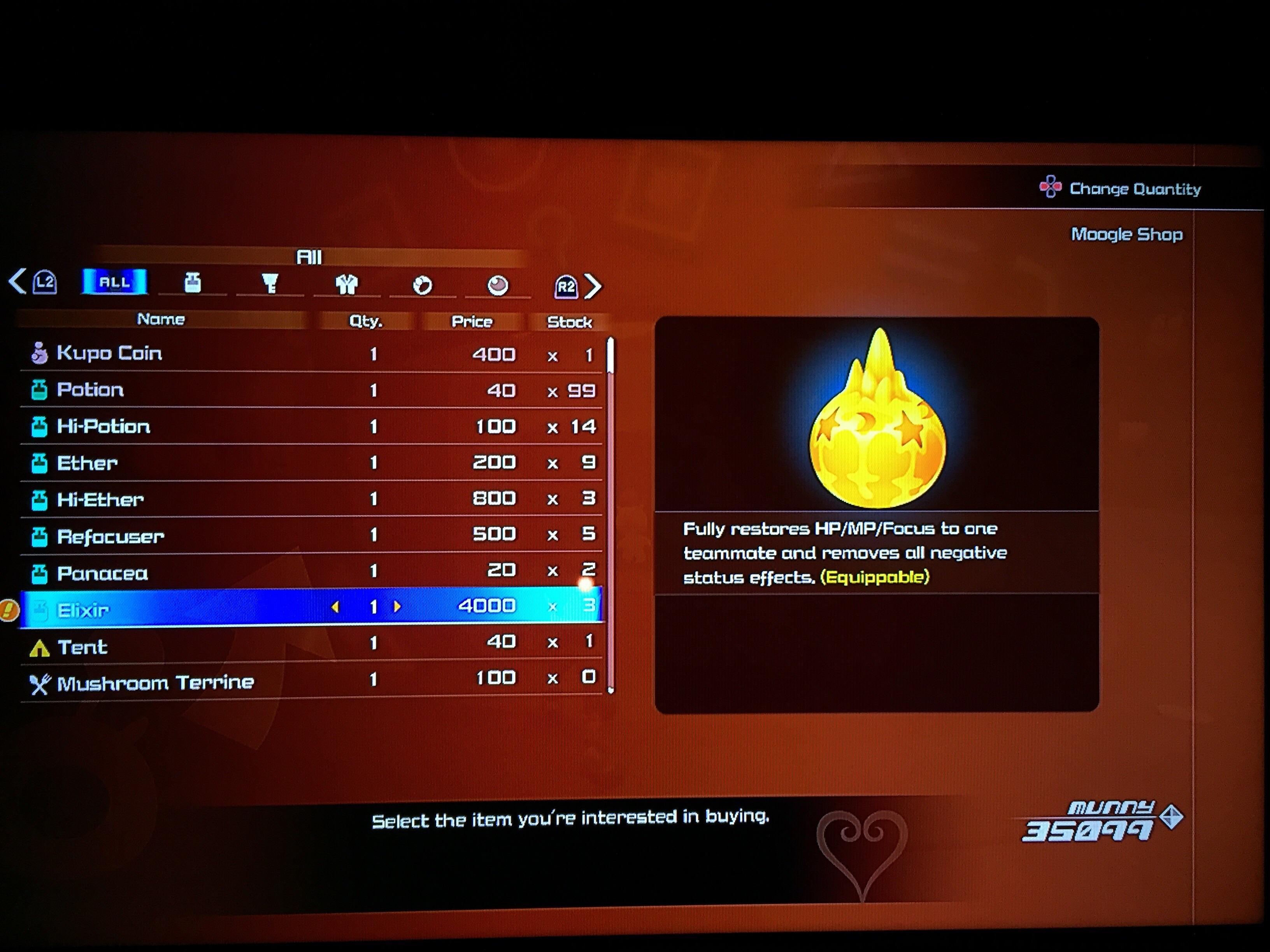 Buying Elixirs[KH3] Somehow can finally buy these by getting the M.O.G