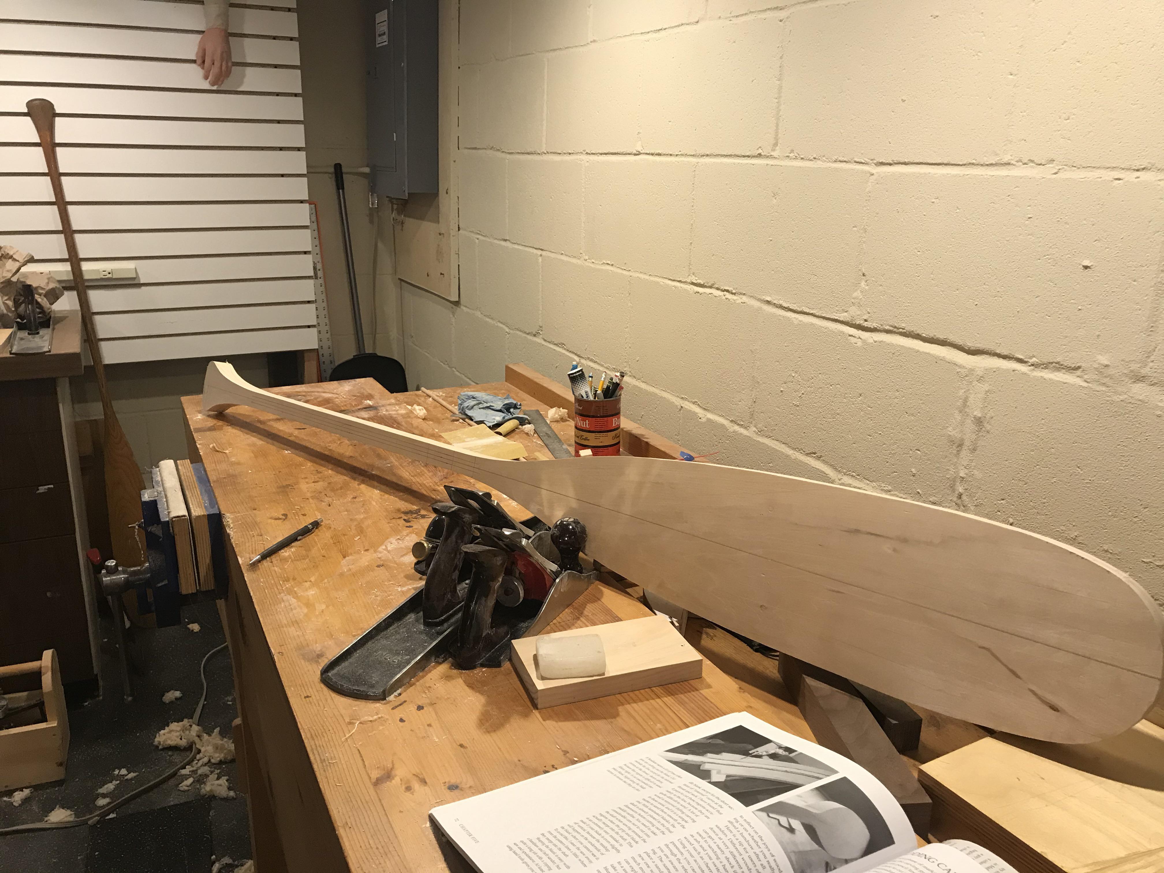 I’ve had this canoe paddle roughed out, marked with layout line, and