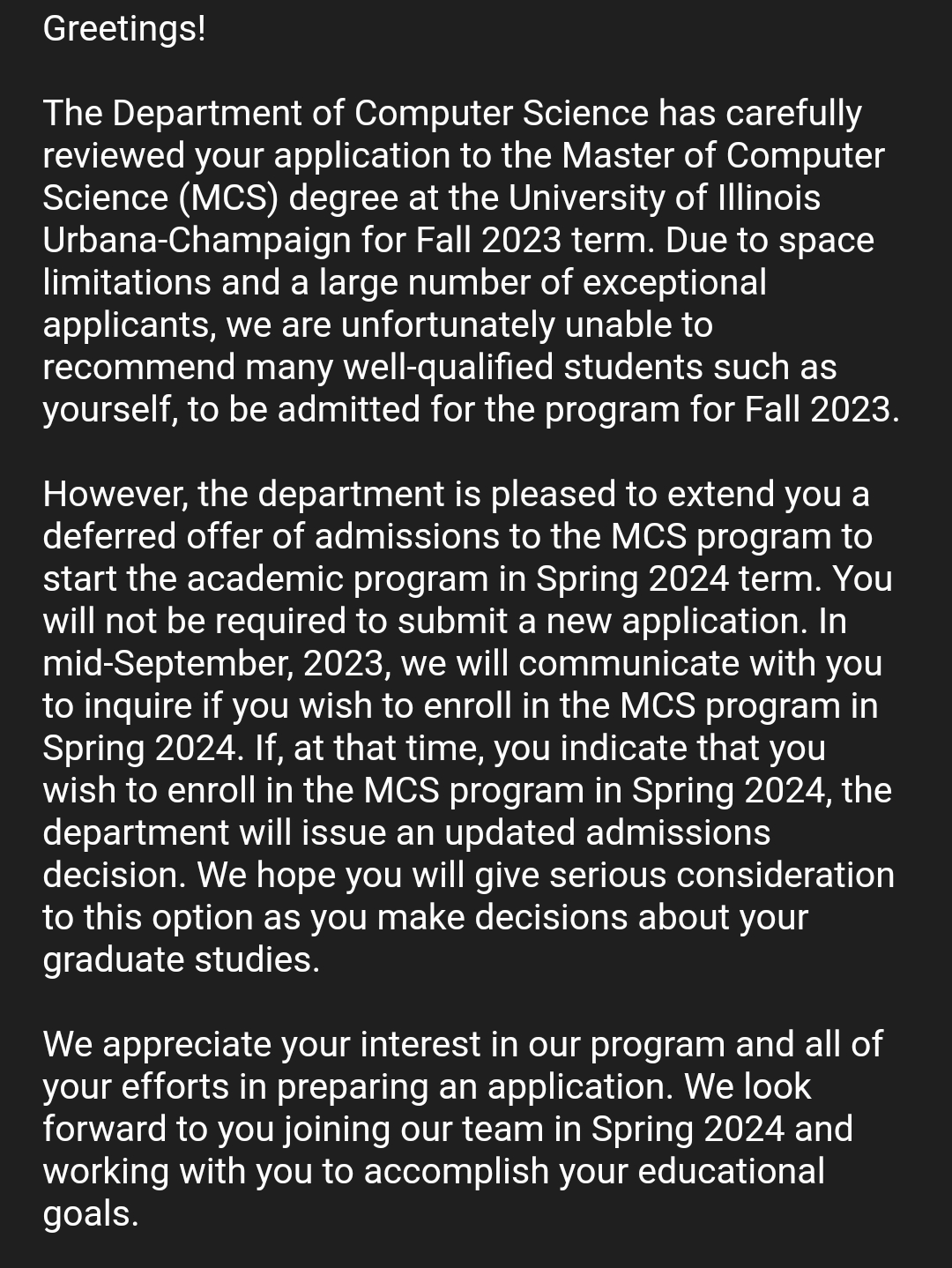 UIUC MCS deferred offer in Spring 2024 term 😔 r/gradadmissions