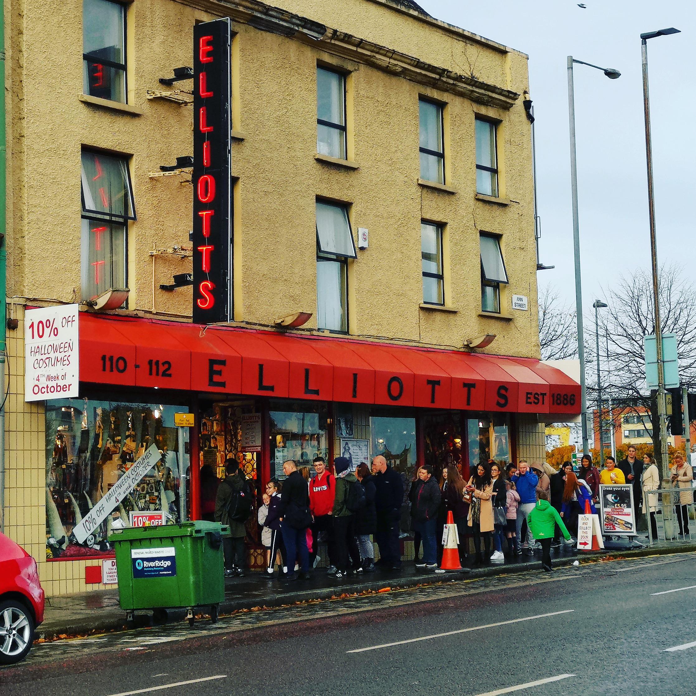 An old Belfast tradition. Queuing at Elliotts for Halloween costumes