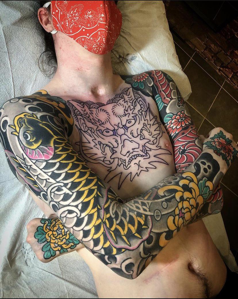 Healed sleeves and hands. Fresh start on the chest. All by Chris