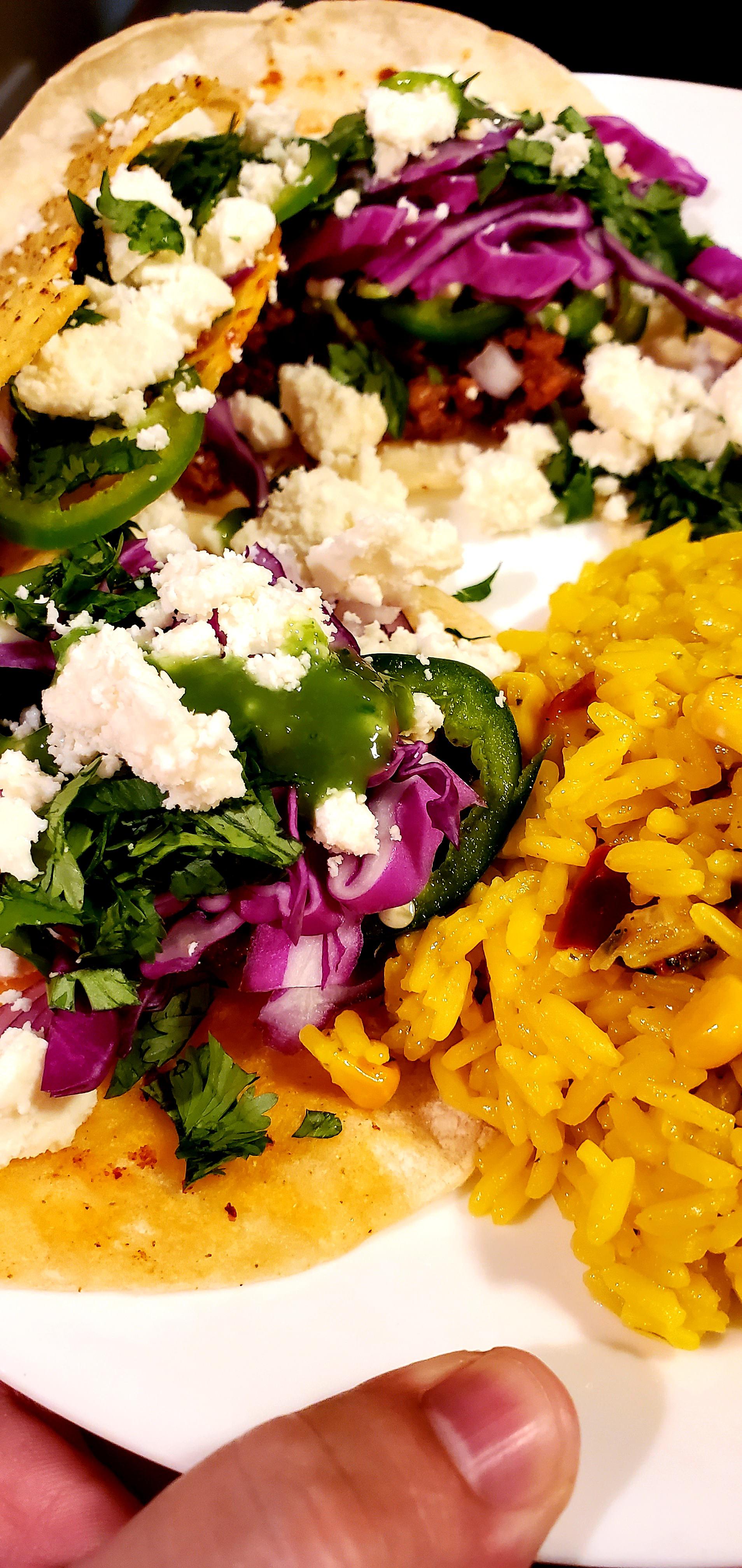 [Homemade] Chorizo tacos topped with queso fresco, purple cabbage, red