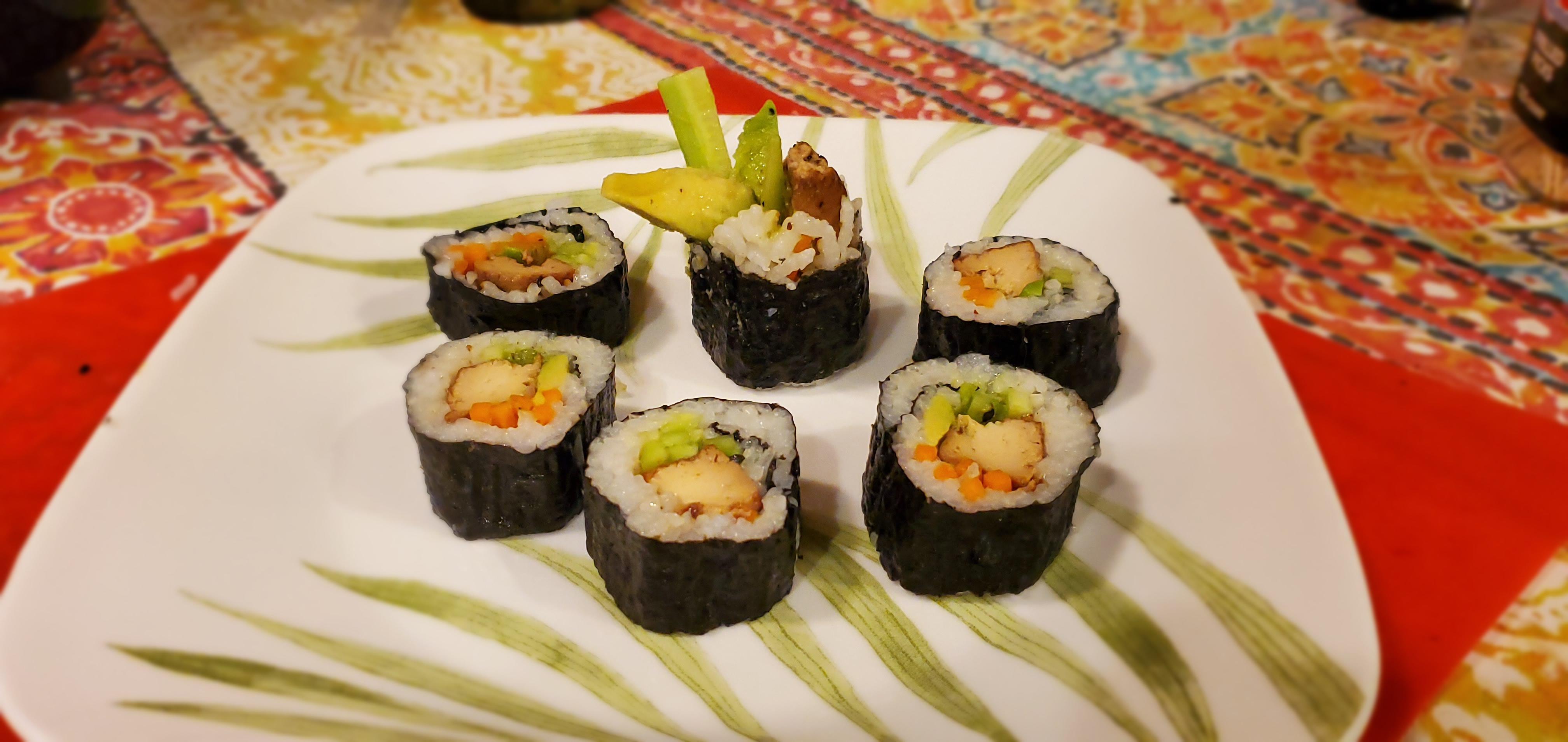 I made vegan rolls. It's marinated tofu, Avacado, cucumber and carrots