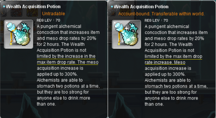 Wealth acquisition potions have different descriptions depending on