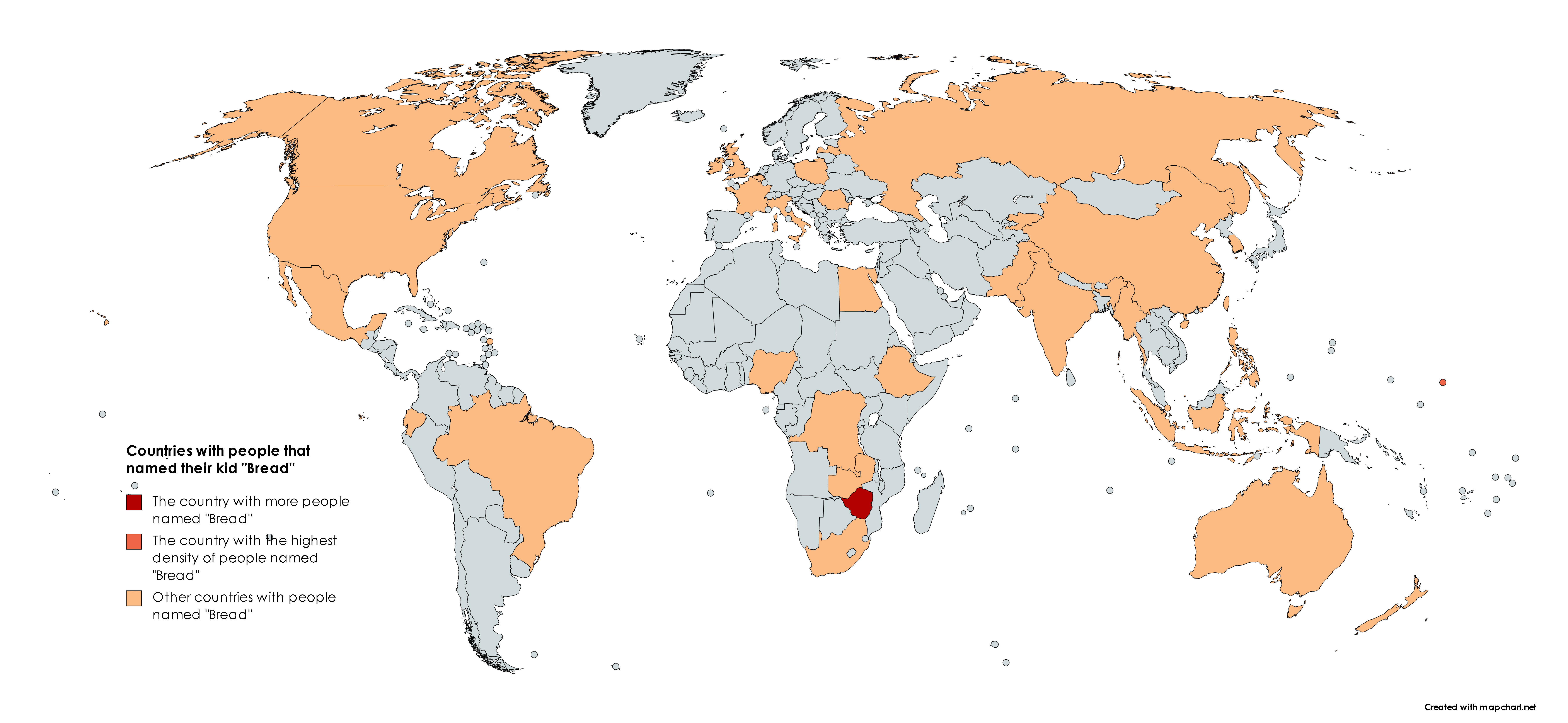 Map of countries with people that named their kid "Bread" (Not original
