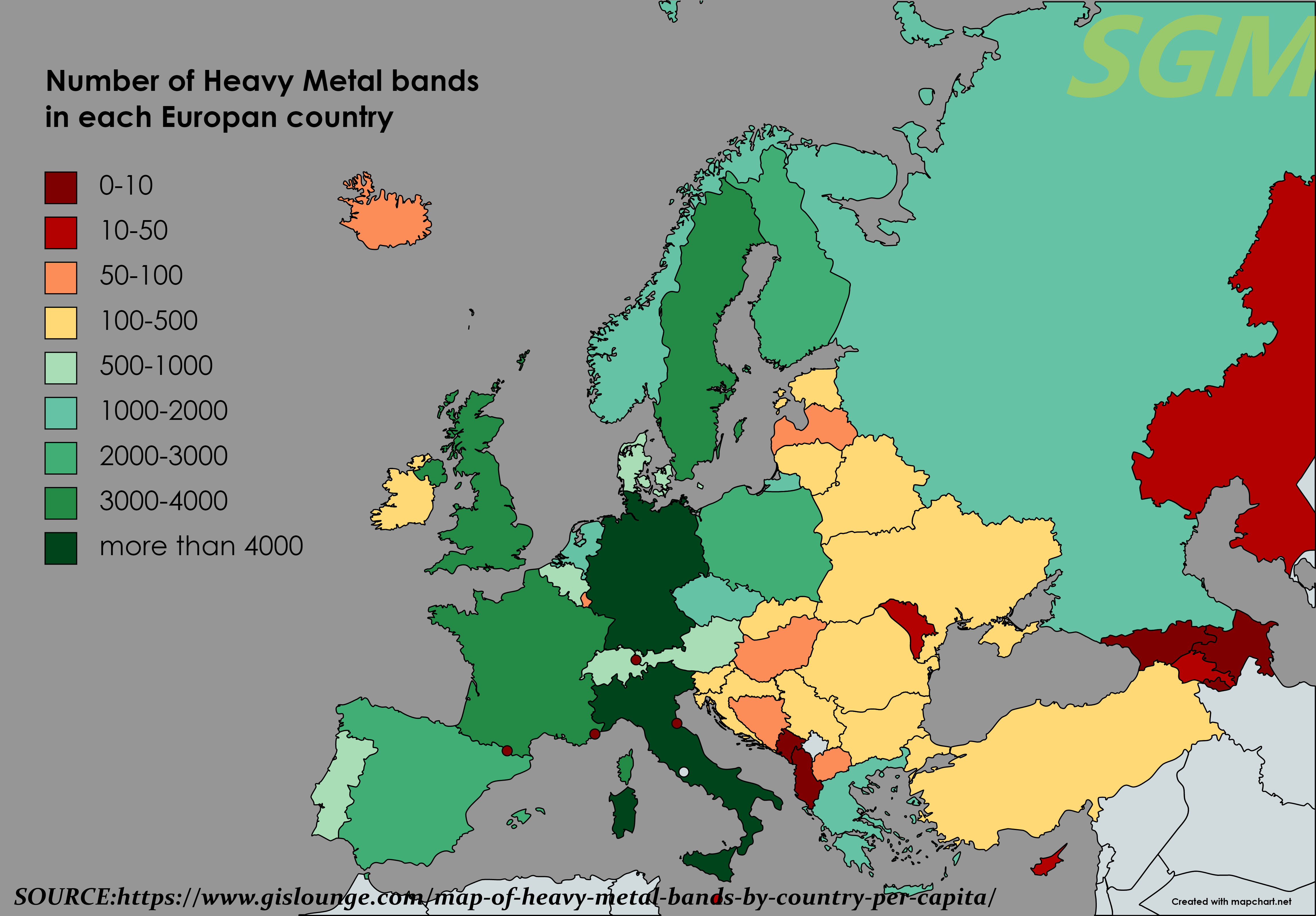Number of heavy metal bands in each Europan country (mine old map