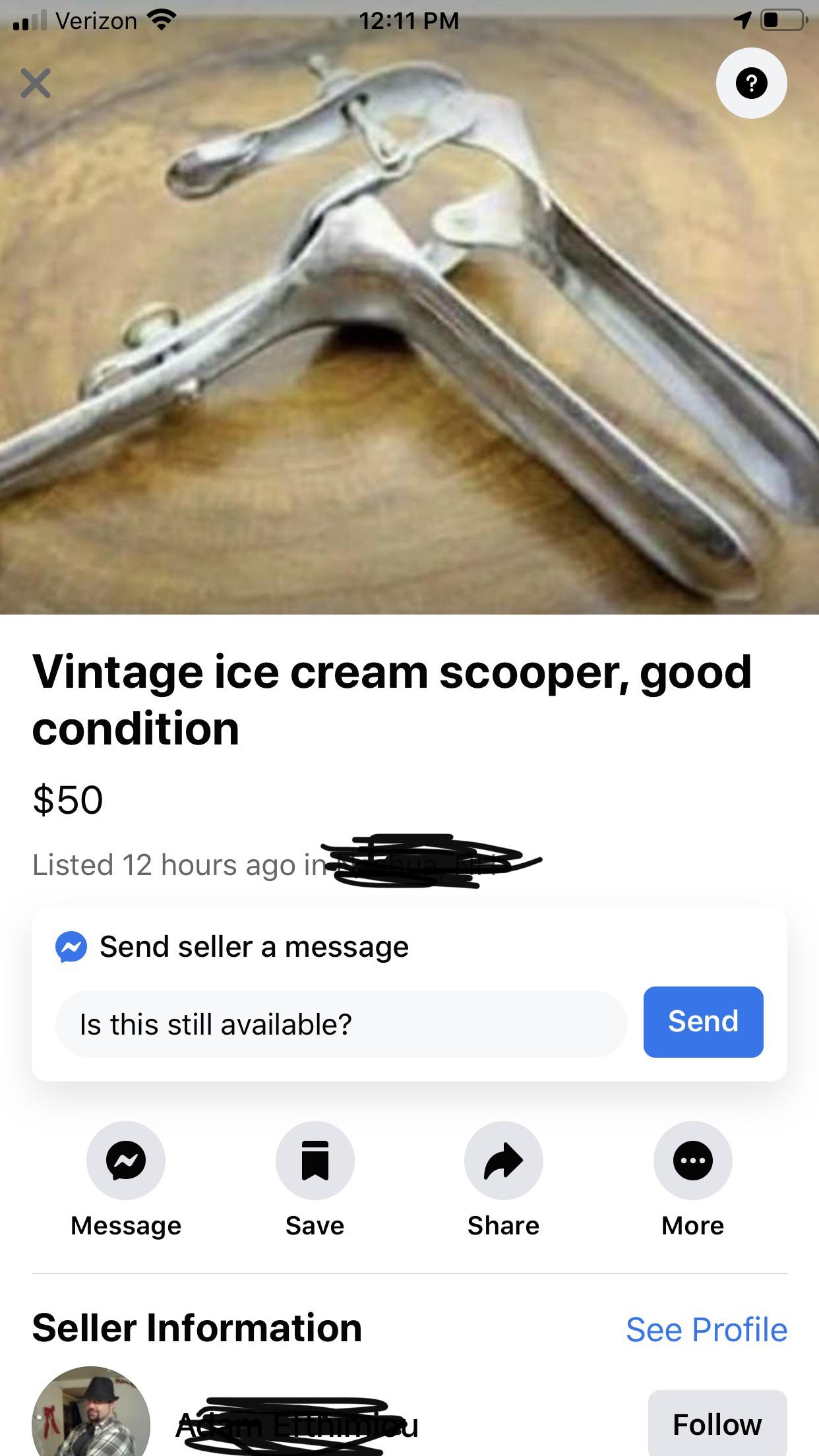 Sweet antique ice cream scoop for sale. Needs to be cleaned, smells