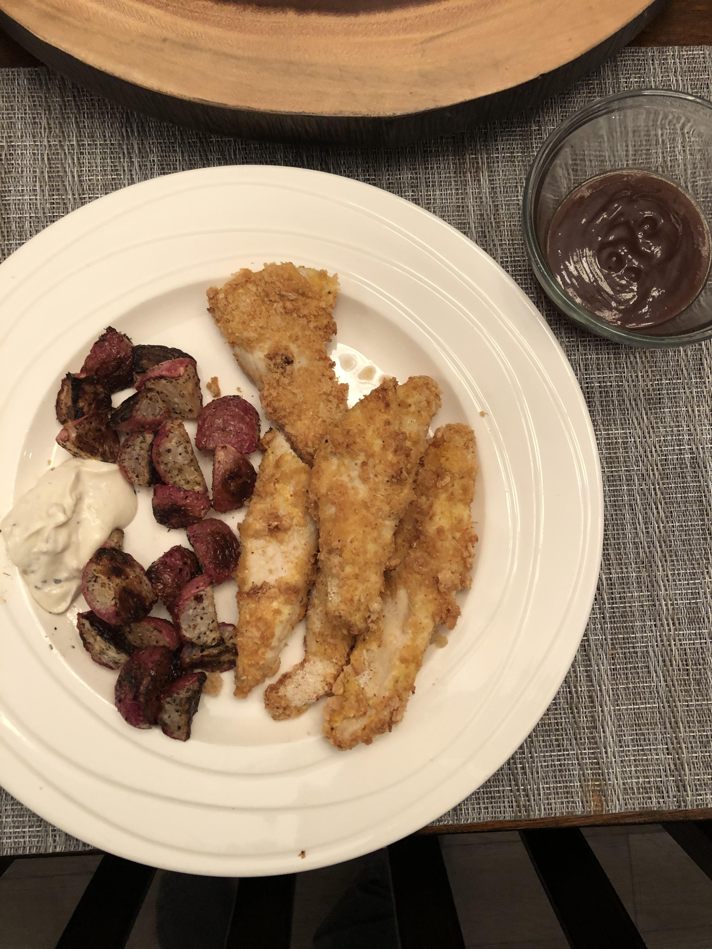 Keto Chicken strips and roasted radishes r/ketorecipes