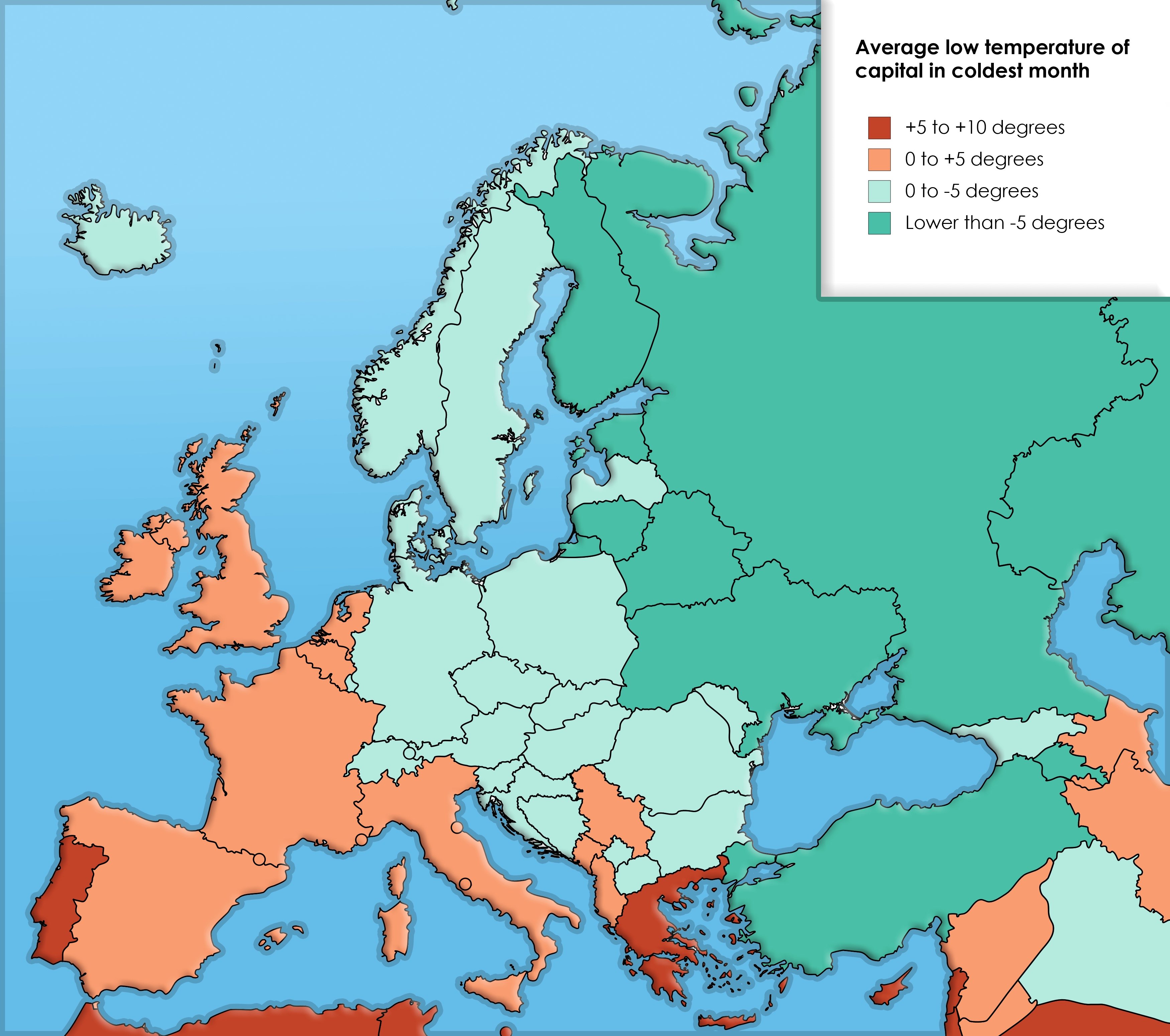 European Countries by Average Low Temperature in Coldest Month of Year
