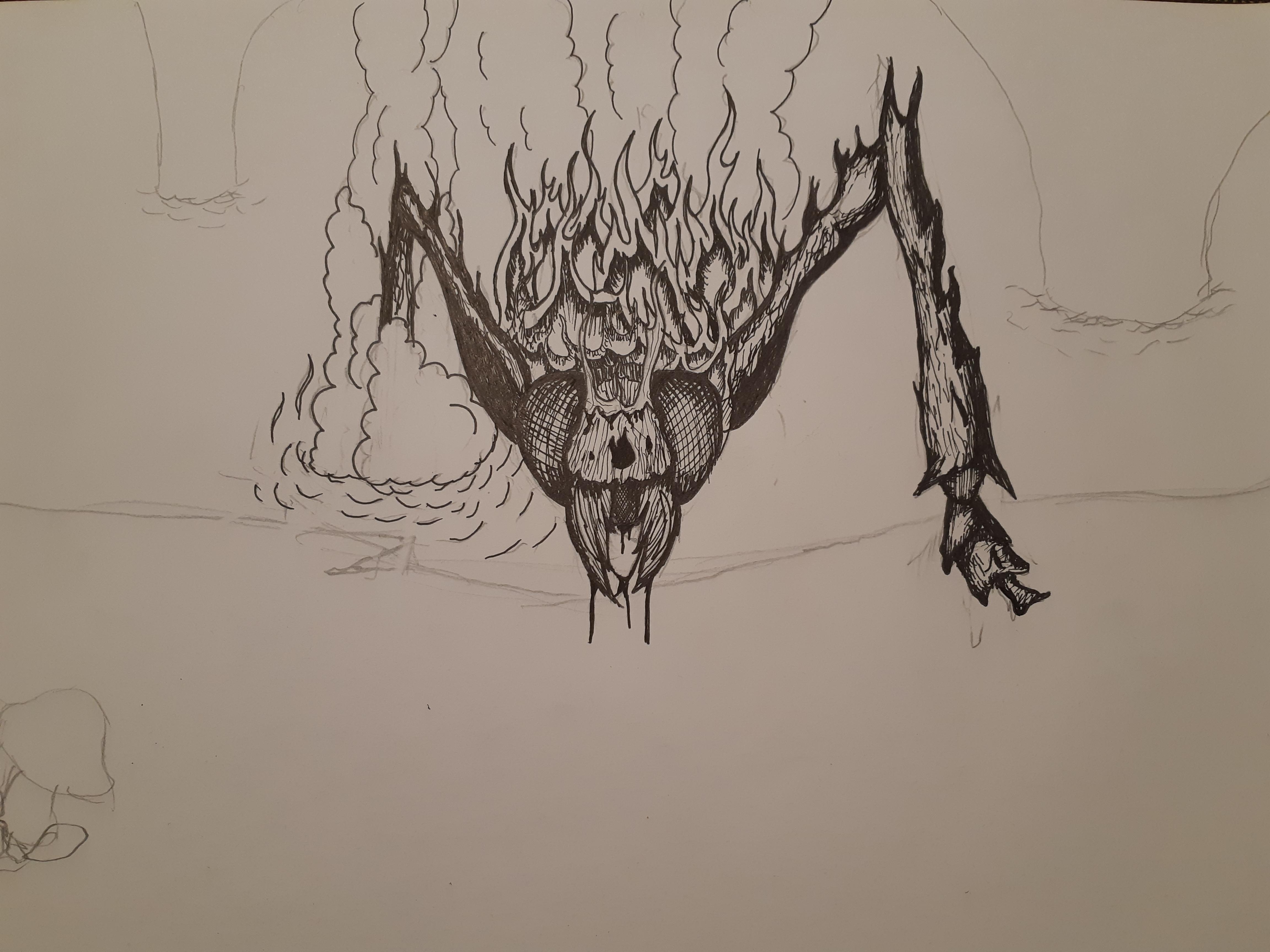 A doodle of my most memorable beast encounter, details in comments. dwarffortress