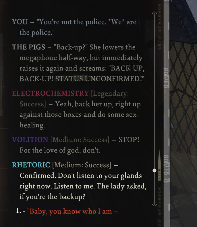 Reason 5000 why you should level Electrochemistry r/DiscoElysium