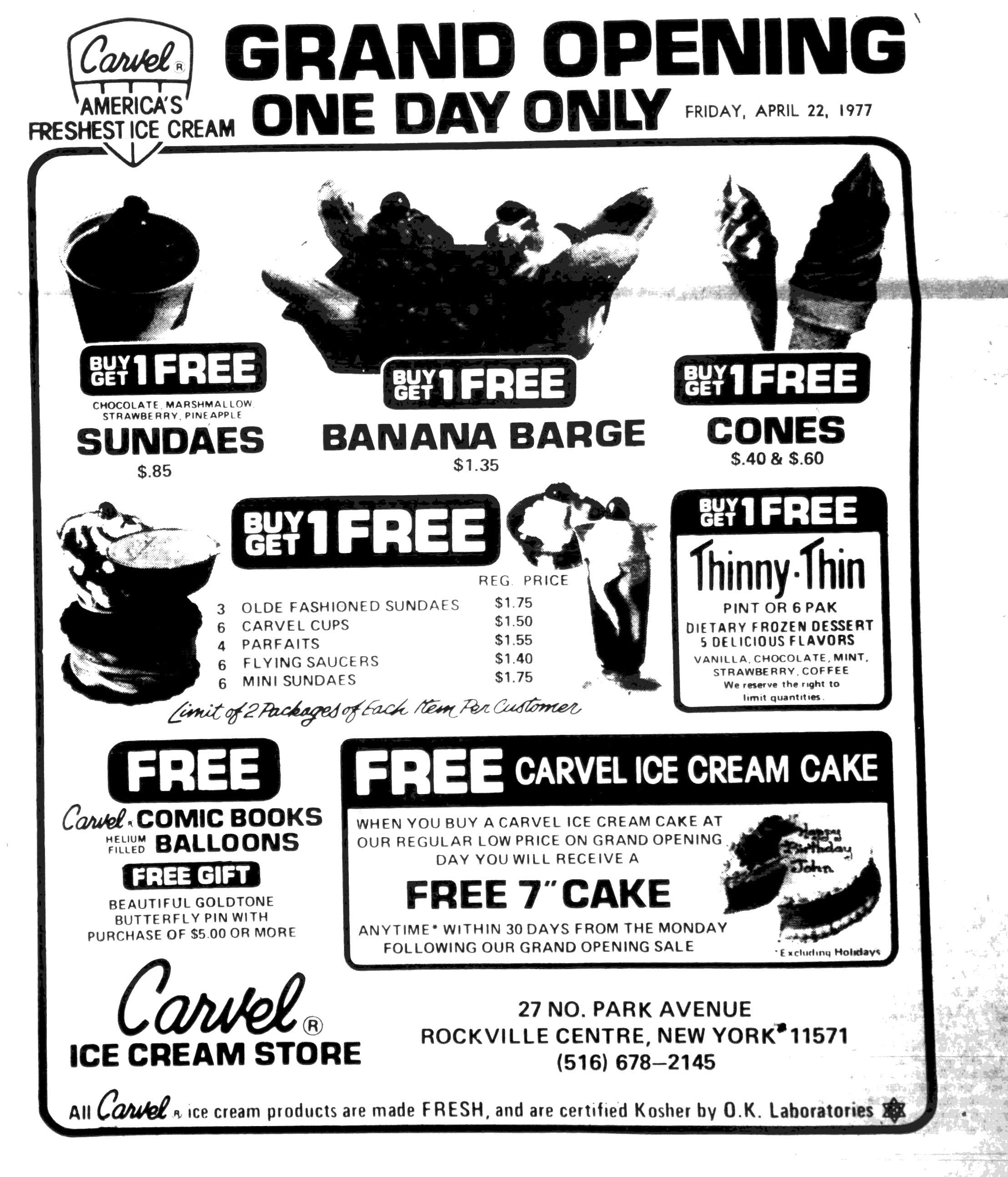 Vintage ad for Carvel grand opening in Rockville Centre (1977) r