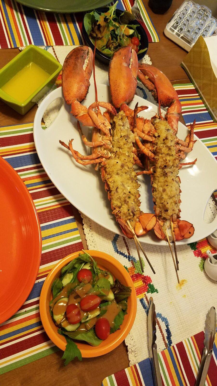 BF bought me a Big Green Egg. So I made him a grilled stuffed lobster