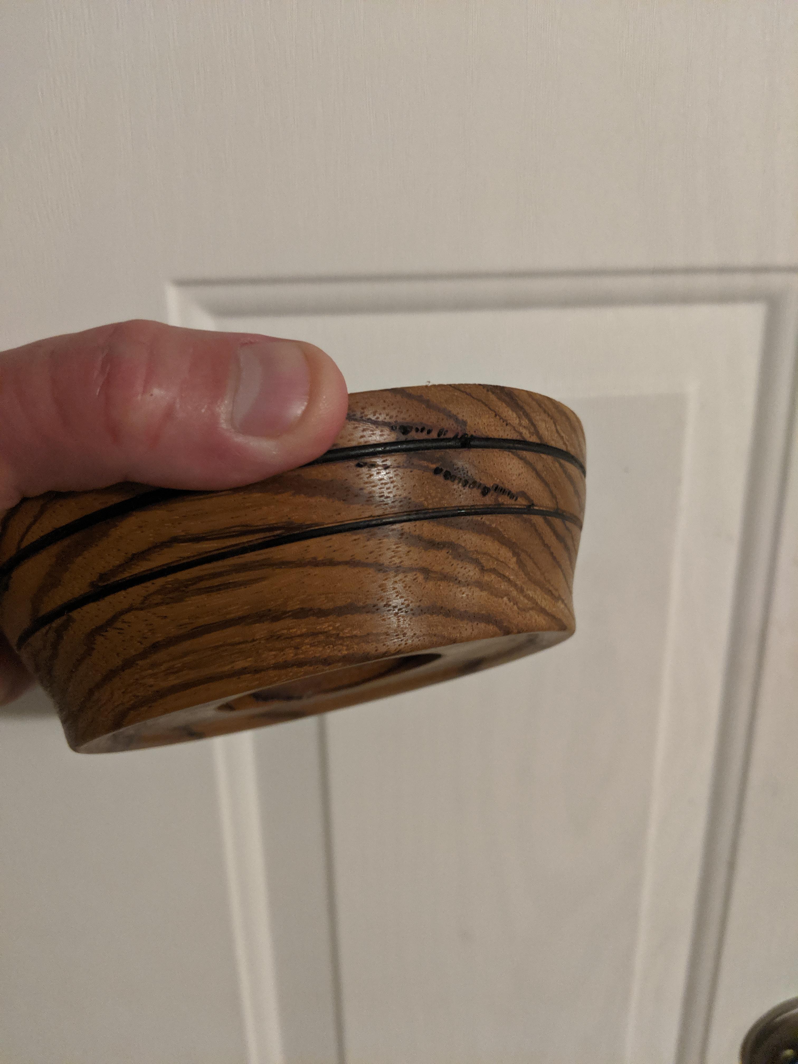 Turned the side and bottom of a small Zebrawood bowl in class tonight