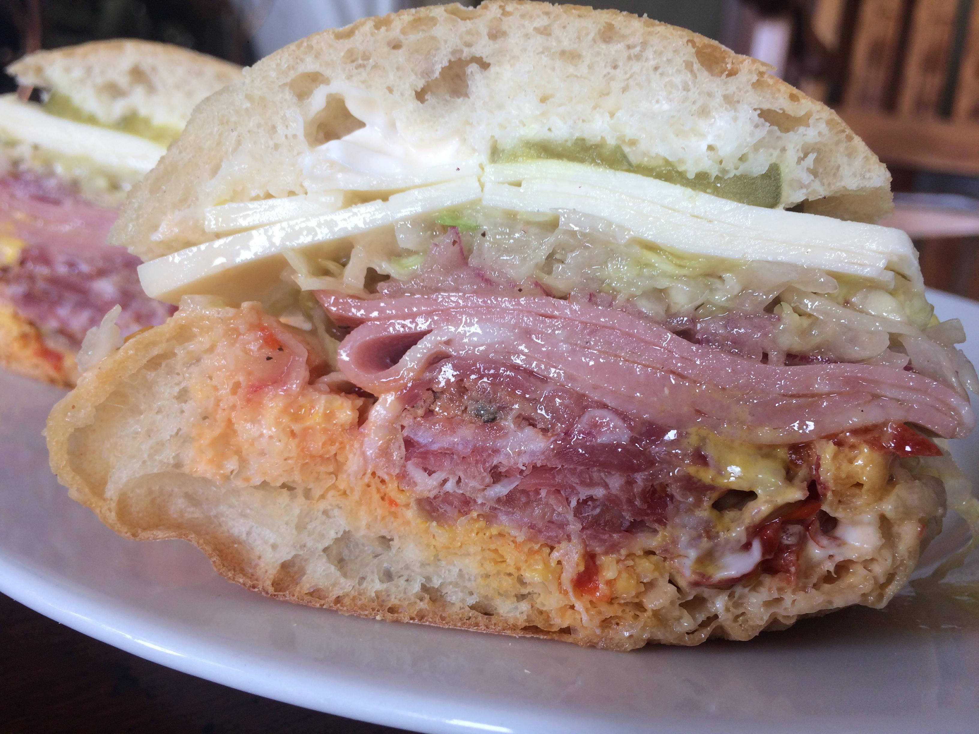 Salami, mortadella, capocollo, provolone, lettuce, pickles, and spicy mayo on ciabatta r