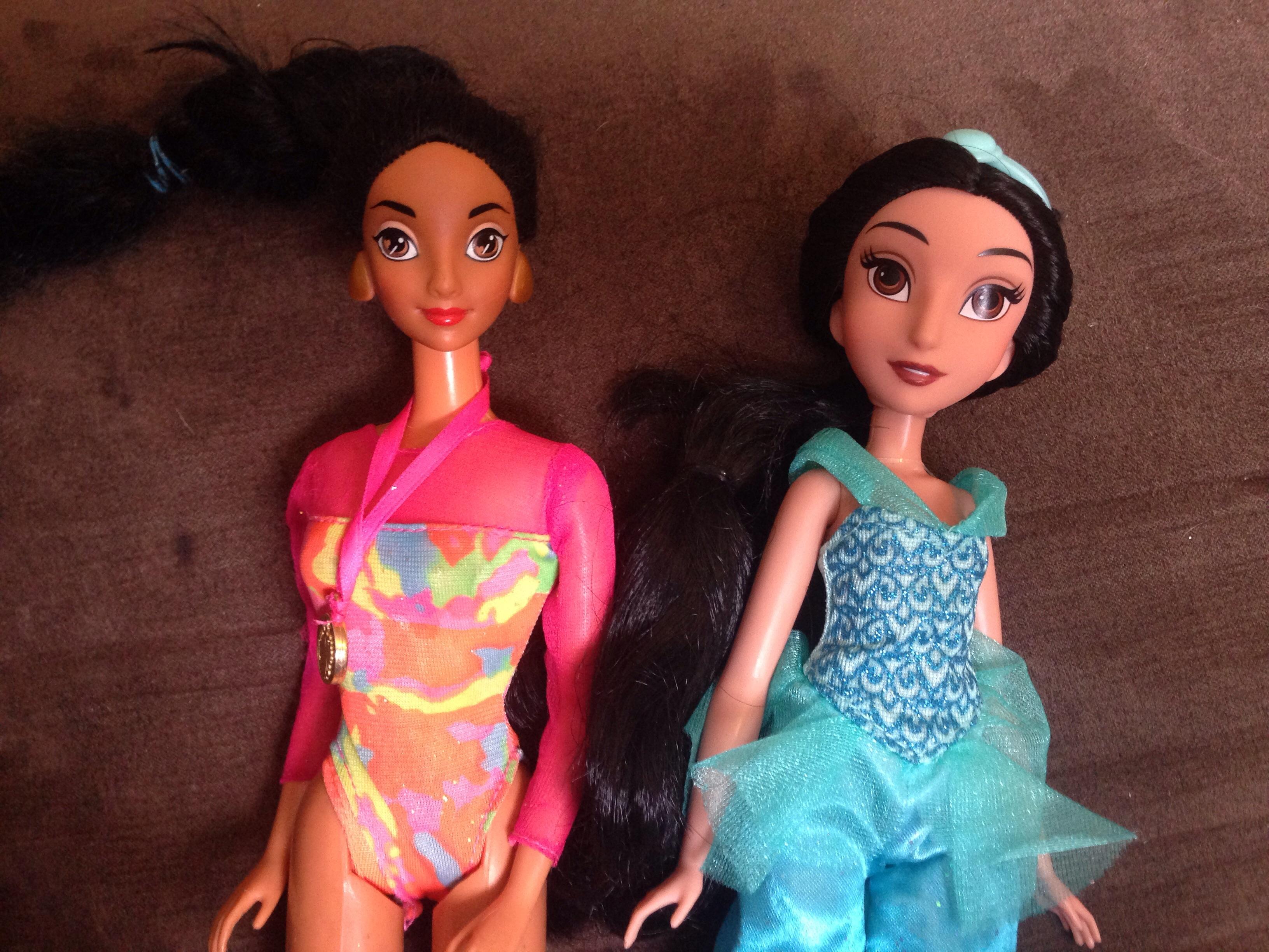 Princess Jasmine from 1992 (in 1994 Gymnast Barbie bodysuit) vs