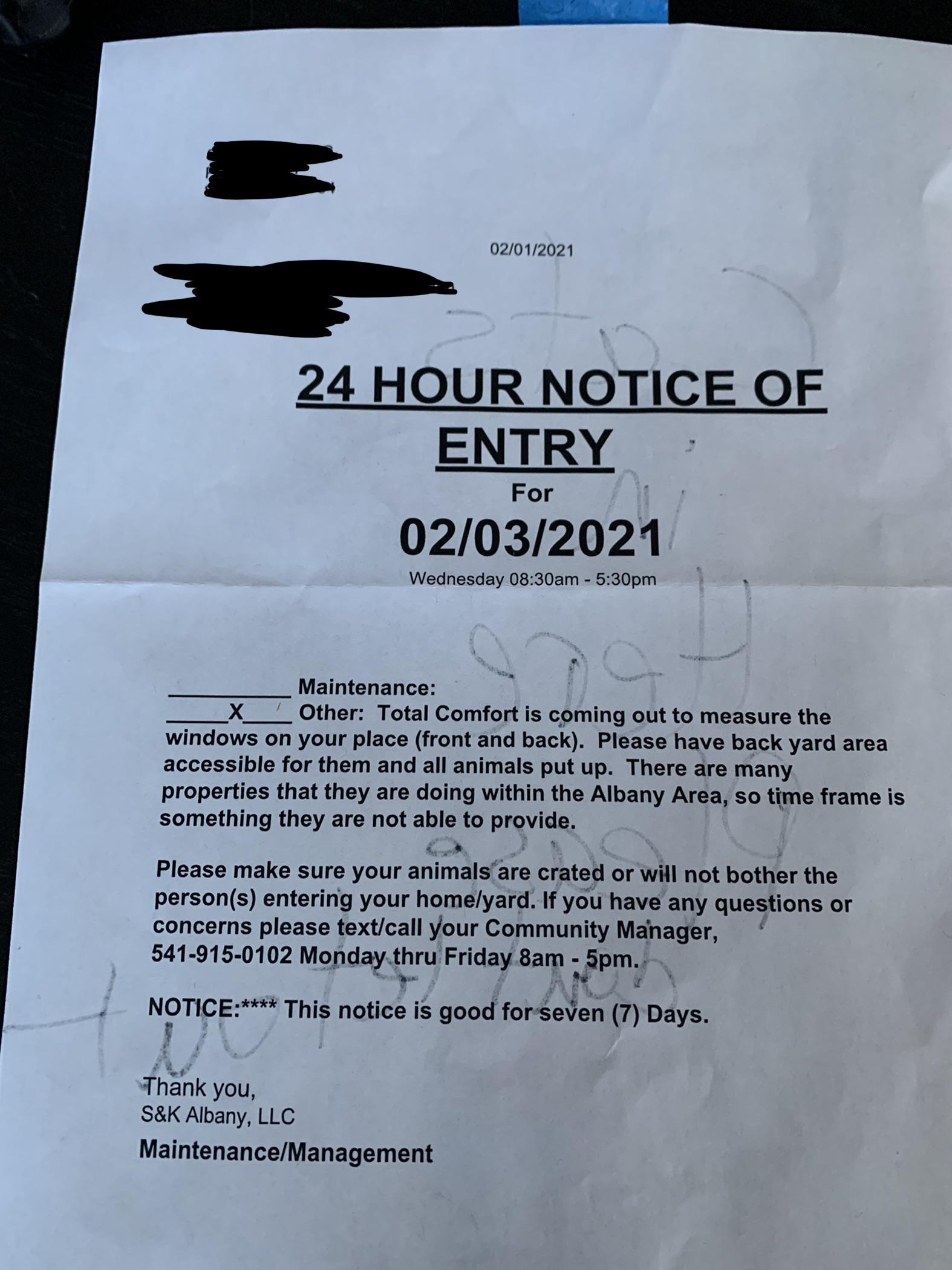 (OR) would my landlord still be allowed to enter my house tomorrow(2/10