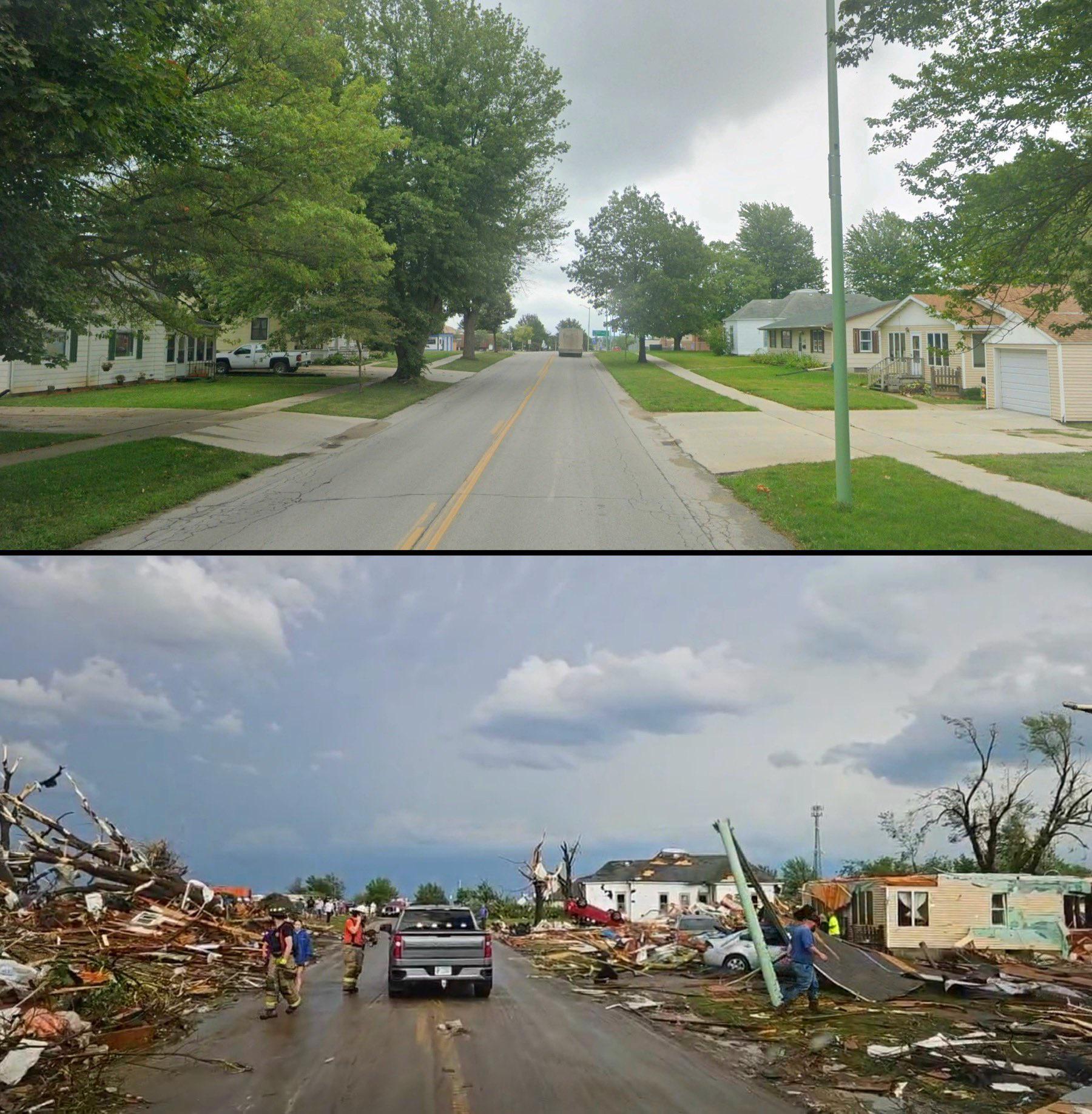 A street in Greenfield, IA before and after today’s tornadoes (Credits