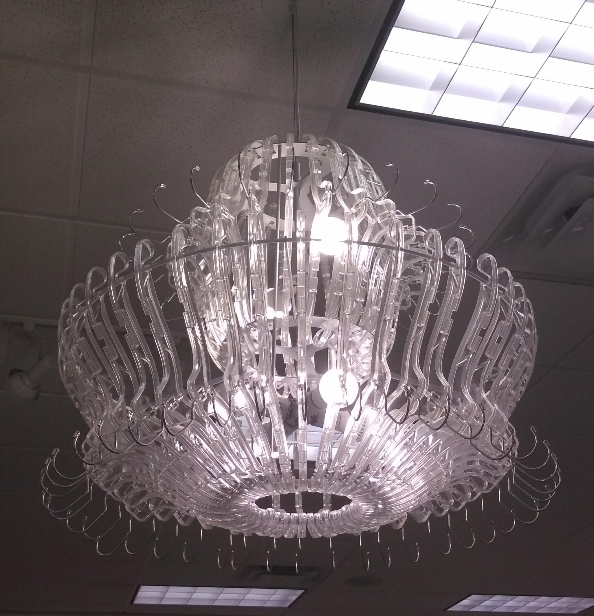 This chandelier at a clothing store in the mall is made of clothes